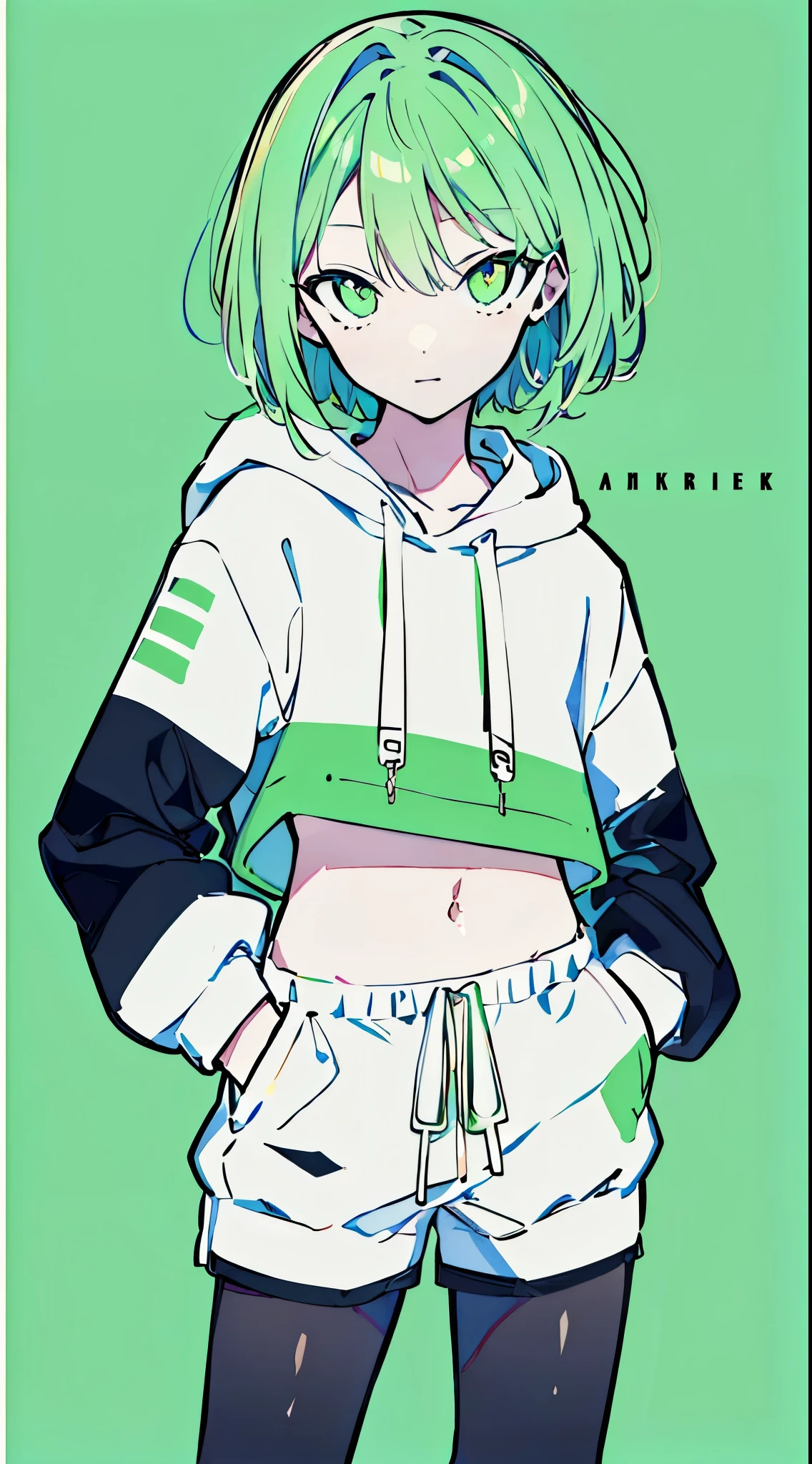 (masterpiece, highest quality:1.6), alone, thick outline, (simple background, bright green background, monochrome, bright green theme:1.2), official art, Key Visual, 8K, confused, whole body, (Unique hair, oversized hoodie, hot pants, arch back, short torso:1.2), belly button, thighs, cowboy shot, HDR, sharp focus, High resolution, most detailed, very detailed, Super detailed, finely, detailed eyes and face, sharp pupils, realistic student, alone, green and white contrast, alone, hands in pockets