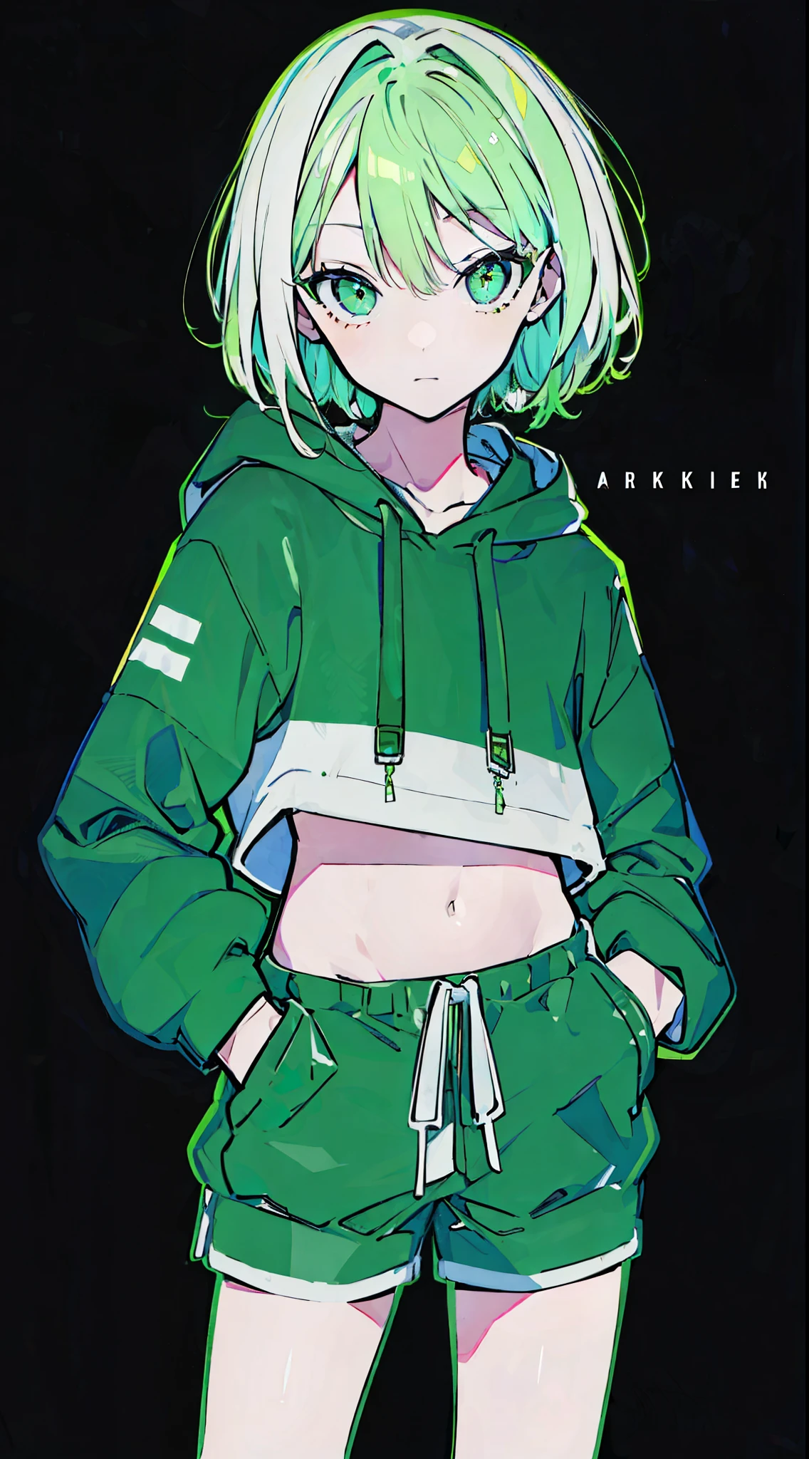(masterpiece, highest quality:1.6), alone, thick outline, (simple background, bright green background, monochrome, bright green theme:1.2), official art, Key Visual, 8K, confused, whole body, (Unique hair, oversized hoodie, hot pants, arch back, short torso:1.2), belly button, thighs, cowboy shot, HDR, sharp focus, High resolution, most detailed, very detailed, Super detailed, finely, detailed eyes and face, sharp pupils, realistic student, alone, green and white contrast, alone, hands in pockets