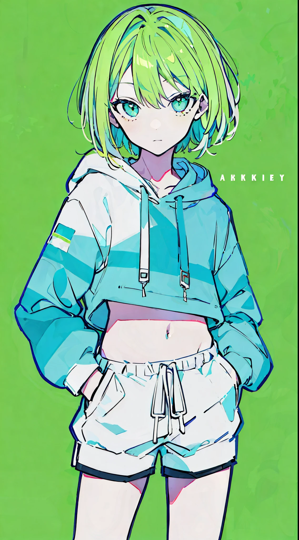 (masterpiece, highest quality:1.6), alone, thick outline, (simple background, bright green background, monochrome, bright green theme:1.2), official art, Key Visual, 8K, confused, whole body, (Unique hair, oversized hoodie, hot pants, arch back, short torso:1.2), belly button, thighs, cowboy shot, HDR, sharp focus, High resolution, most detailed, very detailed, Super detailed, finely, detailed eyes and face, sharp pupils, realistic student, alone, green and white contrast, alone, hands in pockets