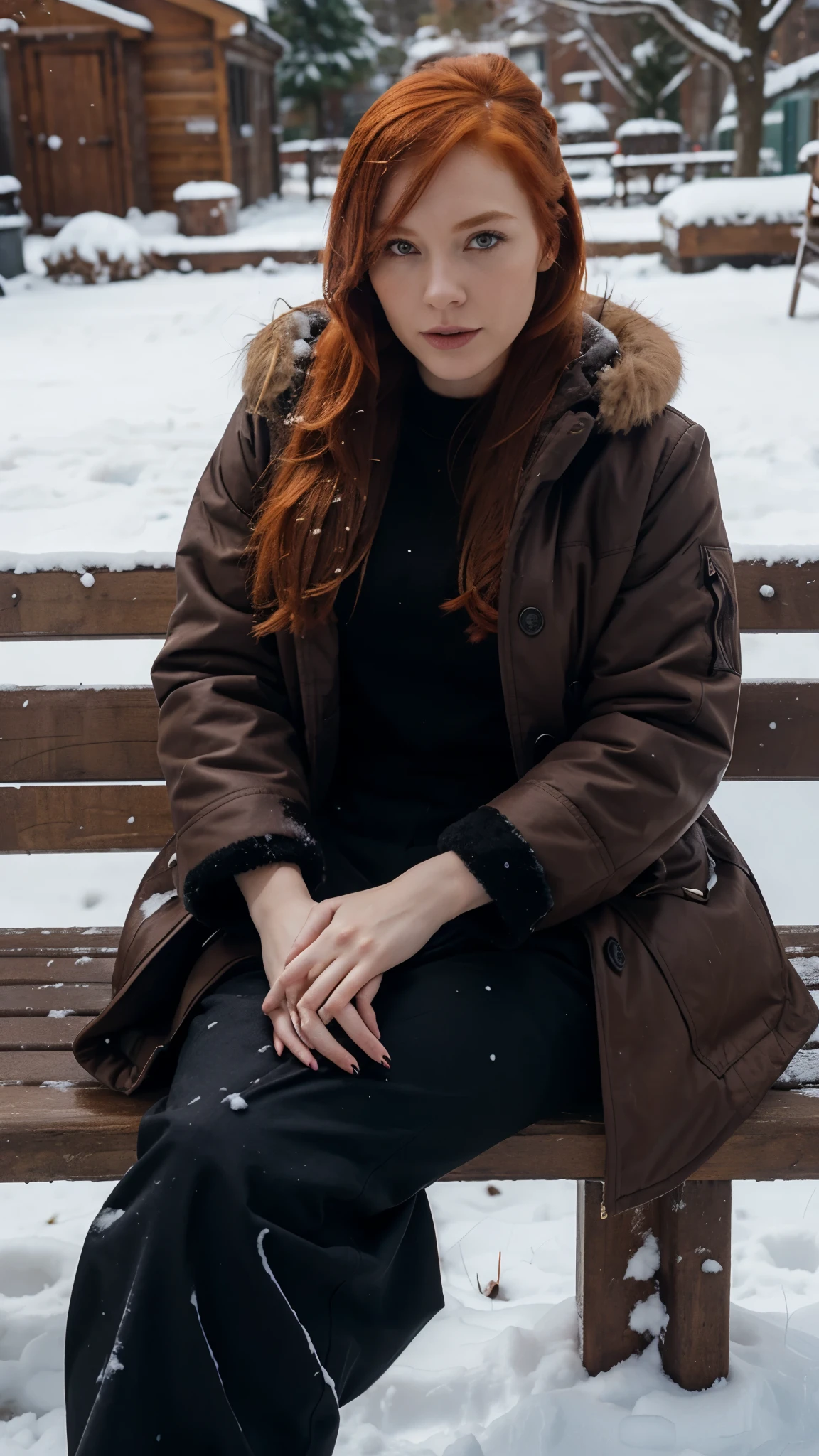 female, 28 years old, redhead, ginger, snow, fur coat, dark pant, sit on bench