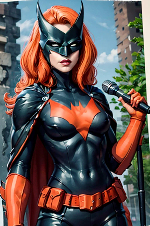 batwoman, superhero, bat print, 1girl, red hair, lipstick, mask, makeup, long hair, red lips, red gloves, black bodysuit, red lips, belt, cape, pointed arm accessory, holding microphone, forest background
