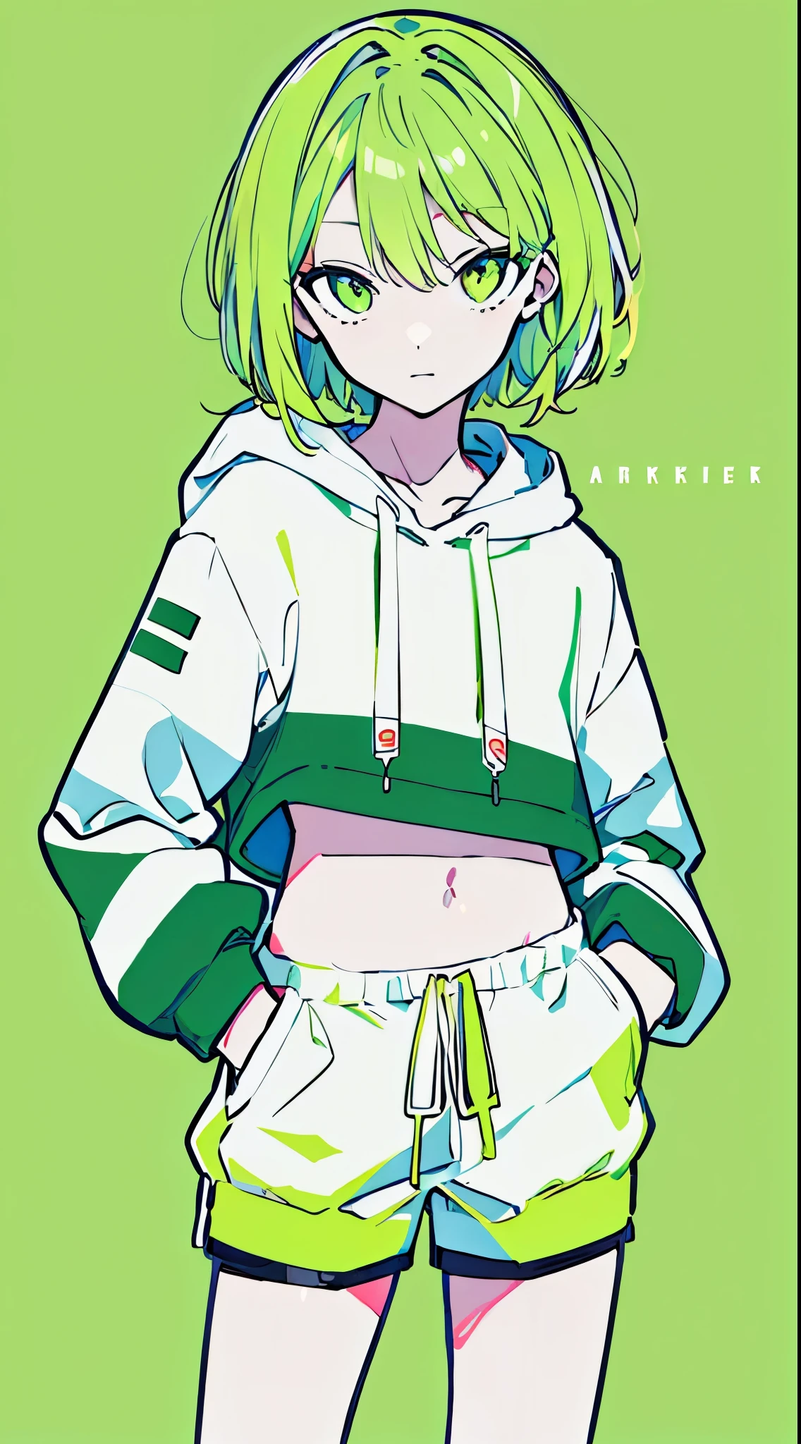 (masterpiece, highest quality:1.6), alone, thick outline, (simple background, bright green background, monochrome, bright green theme:1.2), official art, Key Visual, 8K, confused, whole body, (Unique hair, oversized hoodie, hot pants, arch back, short torso:1.2), belly button, thighs, cowboy shot, HDR, sharp focus, High resolution, most detailed, very detailed, Super detailed, finely, detailed eyes and face, sharp pupils, realistic student, alone, green and white contrast, alone, hands in pockets