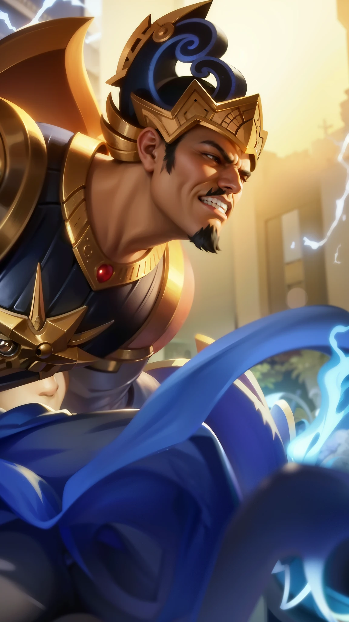 a close up of a man with a helmet on holding a sword, gatotkaca, young handsome, angry, masterpeace, 8K quality, High resolution, super detail, realistic, Raw photo.