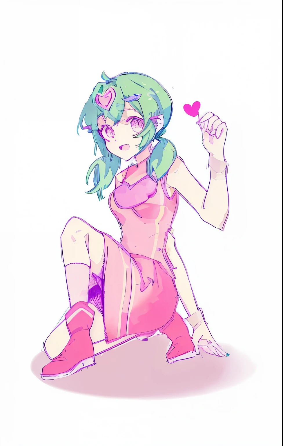 Green hairstyle with double low ponytails, pink short skirt uniform, handsome and cute girl in short skirt wearing pink helmet