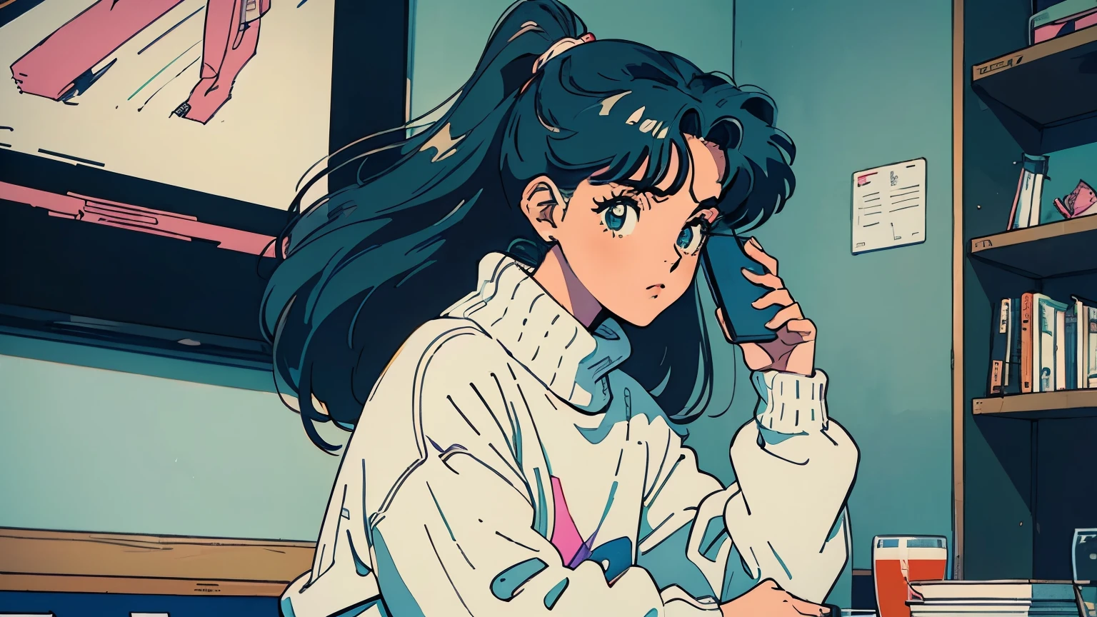 ((Vaporwave Style, partially coloring)), (((vanilla))), whole body, (wide shot:1.5), upper body, (full body:1.5), (looking down:1.4), A girl holds a mobile phone in her hand,
(living room:1.5), (table top:1.5, highest quality:1.5), In a large room, bookshelf, messy room, exclusive life, apartments,
1 girl, blue eyes, dark green hair, long hair, ponytail, closed mouth, looking away, (Holding the mobile phone in hand:1.5),
sit, hand between legs, sitting in a chair, I'm at my desk, elbows, resting on chin,
(Wearing white knitwear:1.5), Fashion of the 90s, red sport shorts, sports socks,
Old School Anime, retro anime, 1990s anime, 1980s anime, retro anime style, masterpiece, highest quality, beautiful anime, (ultra-detailed background, detailed background), High resolution, Super detailed, very detailed, Arte Lofi, Anime Art Wallpaper 4K, Anime Art Wallpaper 4K,