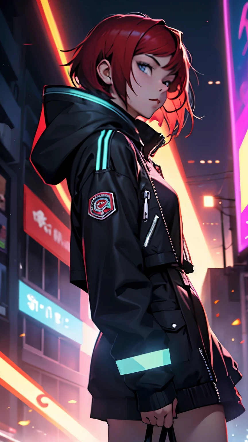 cyber punk,musicians,red hair bob cut woman,big droopy eyes,wide angle lens,expressive,look up,Laser hologram,Jacket with hood,whole body,black spats