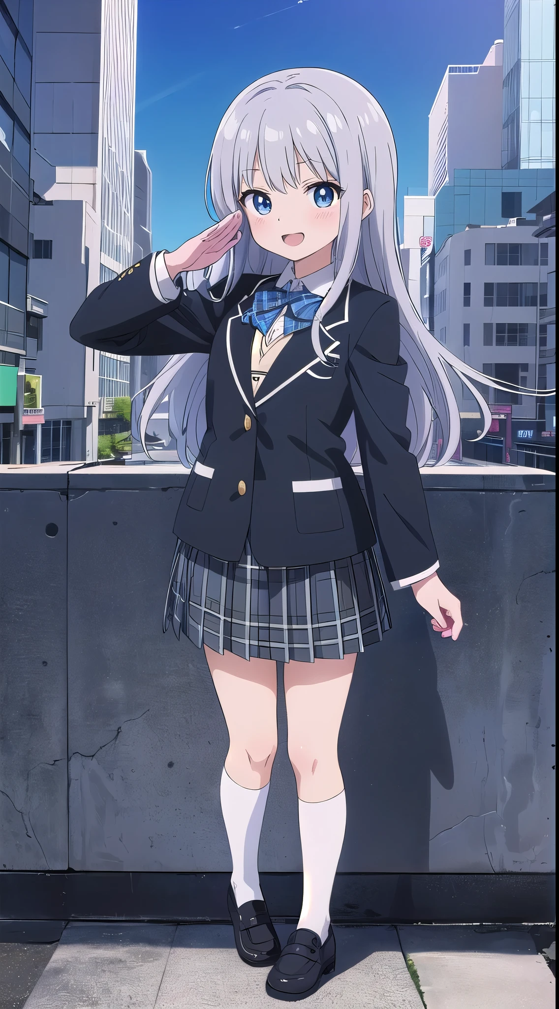(Theatrical animation quality:1.5),(high anime color:2.5),(anime ultra high definition:2.5),(colorful anime illustration:2.0),(Cute girl anime visual:2.5),(very complicated:2.5),(one person:2.0),(D.C.Series style illustration:2.0),(idolmaster million live!Style Illustration:1.3),(very cute girl:1.8),(idol face:1.8),(Daughter of the President:1.5),(10 year old girl:1.8),(short elementary school student:2.0),(My chest got a little bigger:1.0),(long and beautiful silver straight hair:1.6),(slim body shape:1.3),(beautiful blue eyes:1.5),(black blazer school uniform:1.8),(black plaid skirt:1.5),(City area at noon:1.8),(childish innocent smile:1.4),(Open your mouth and laugh:1.1),blush,(black sneakers:1.1),(saluting:1.5),(Skin quality improvement 1.5),(Standing picture:1.5),(whole body:1.5),masterpiece,Super detailed,high quality,(official art:1.5),8K,NSFW