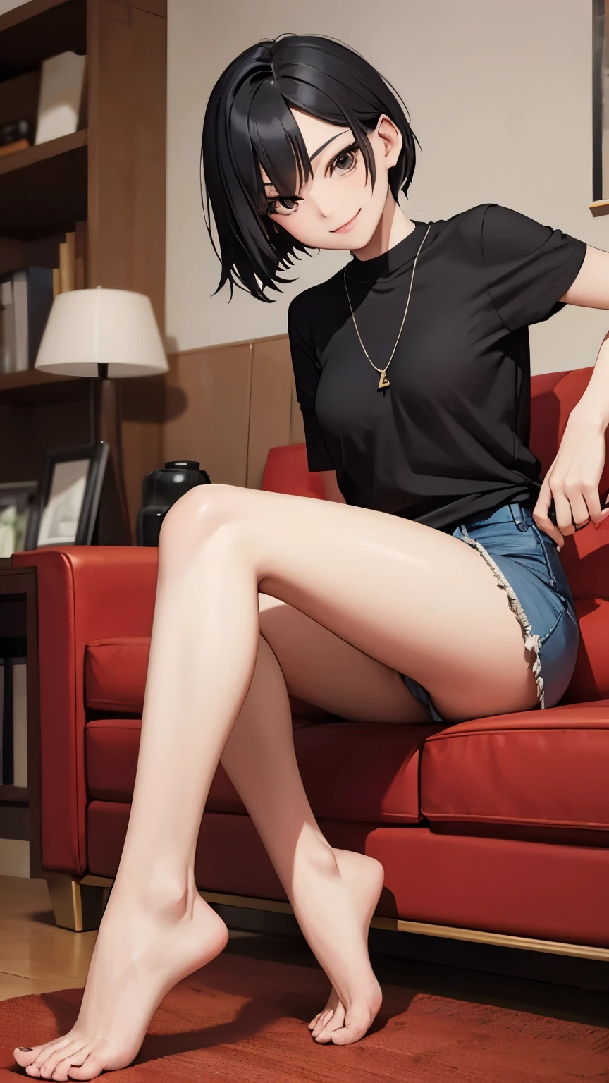 a girl，slim，short black hair，Jie Kang，hot pants，The legs are thin and plump，Sitting on the living room sofa，show her legs，Smile，low angle shot，barefoot，Five toes