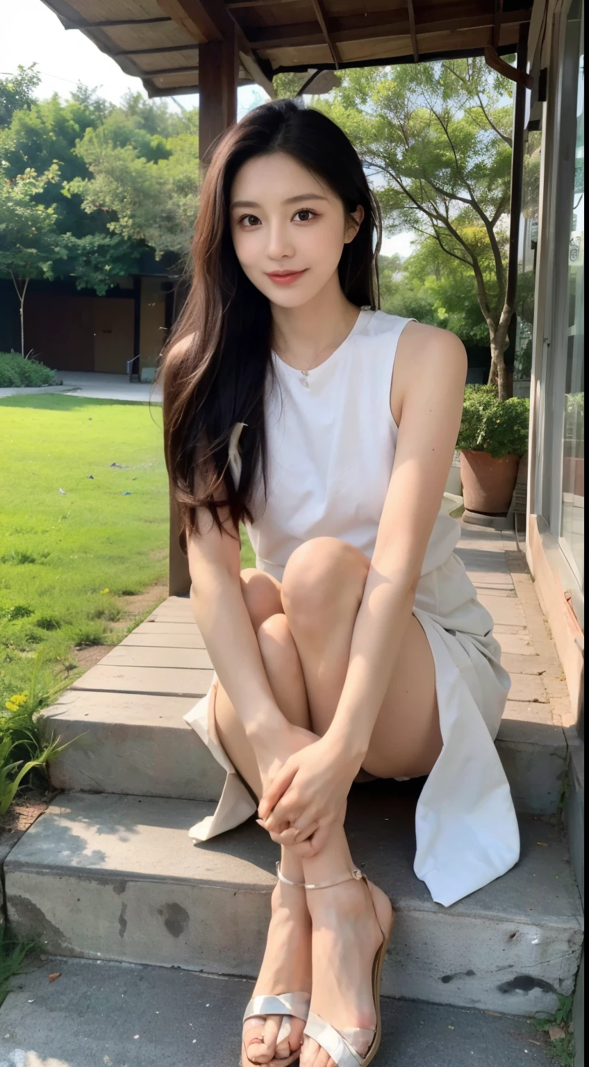 ,masterpiece, best quality,8k, ultra high resolution,Real light and shadow,lens,(beautiful eyes:1.1), ((The medium scene is,upper part of body)),dynamic poses,On a green meadow,The gentle goddess comes with gentle steps。She wore a white dress,A gentle breeze blew by,The skirt dances gently。The sun shines through the leaves into her hair,Reflecting her clear eyes and gentle smile。Colorful butterflies dance around her,Flowers bloom at her feet,It was as if nature was cheering for her。