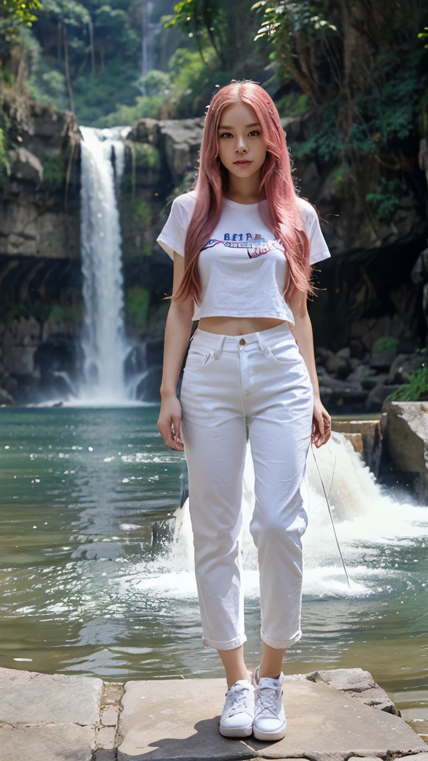 beautiful china woman with long straight pink hair, wearing a white t-shirt, blue jeans, white  shoes, waterfall background