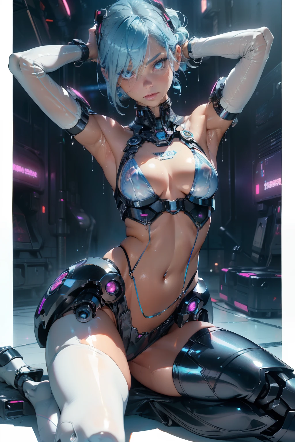 (quality)), ((masterpiece)), Recommended results、Puffy nipples、(see through:1.5)、straighten your back、abdominal muscles、huge bust、angle to floor:1.2、low camera angle、Hair loss on crotch,Hatsune Miku,(cyborg girl),(cyborg girl:1.5),maid android,((1 girl)),((mechanical girl with extremely charming and beautiful pale nipples blue hair)),
(big breasts:1.4),Breast sagging,(((pale nipples blue bob hair:1.35,Colored inner hair,short hair,ear breathing))),(((toy doll))),((pale nipples white skin,toy doll joints:1.5,Manipulator:1.5)),((silver armor dress,tesla coils)),((女佣 mechanical toy doll:1.5,body:1.5,metal skin,ball joint,cyborg:1.5, part:1.5,:1.5,Mechanical joint: 1.4,mechanical limbs)),(((pale nipples_blue_Eye:1.3))),complicated Eye,beautiful detailed Eye,symmetrical Eye,((fat)),(((shiny skin:1.5,bright skin: 1.5,shiny skin,very shiny skin,shining body,plastic glitter skin,exaggerated shiny skin,glowing skin,wet leg))),(lower abdomen,Yao Liu,wide hips,detailed body,(Detailed face)),charming,slutty,Seductive maid,,Delicate metal decoration,),sleeveless,mini skirt,boots,_cut out,only_leg,((wet clothes,complicated outfit,complicated clothes,complicated details)),art photography,(Photos taken by sldr),high resolution, sharp focus,(super detailed, Very detailed), (realistic artwork:1.37),(Very detailed CG unity 8k wallpaper),((Synthwave background theme)),(((bright colors))),complicated,(complicated background),(masterpiece),(最好的quality),Perfect face,Perfect facial details,lifelike,analog style,((complicated detail)),(((realism))),