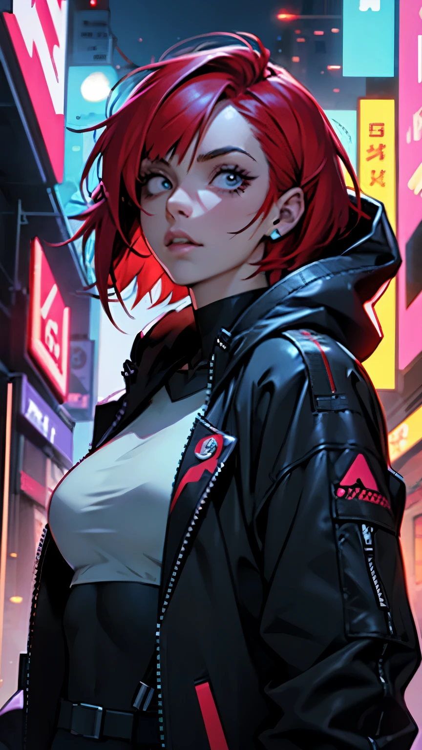 cyber punk,musicians,red hair bob cut woman,big droopy eyes,wide angle lens,expressive,look up,Laser hologram,Jacket with hood,whole body,black spats