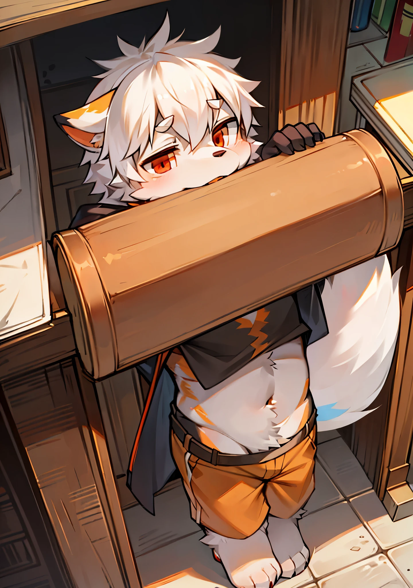 Eyes are bright，panoramic，Character focus，solo，hairy，hairy male，male focus，Hana charcoal，（Full body fur，hairy的尾巴，Off-white fur，Orange-red eyes，white hair，orange coat，gray shorts：1.2）Shota，love，double