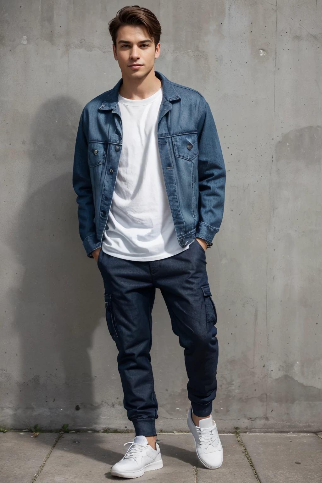 Generate an image featuring a young man wearing a stylish and casual outfit. The man should be depicted standing confidently against a neutral background.

Description of the Outfit:

Top: A black denim jacket with a relaxed fit, worn open.
Bottom: Deep purple-gray cargo pants with a jogger-style fit, featuring multiple pockets.
Innerwear: A plain white T-shirt, neatly tucked into the pants.
Footwear: White sneakers with a modern and streamlined design.
Additional Details:

The man should appear to be in his mid-20s to early 30s, with a fit and athletic build.
He should have a relaxed and confident posture, with his hands casually tucked into the pockets of the denim jacket or hanging by his sides.
His facial expression should be neutral or subtly smiling, conveying a sense of ease and confidence.
The background should be minimalistic, with soft lighting to highlight the man and his outfit.