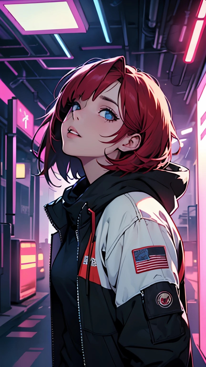 cyber punk,musicians,red hair bob cut woman,big droopy eyes,wide angle lens,expressive,look up,Laser hologram,Jacket with hood,whole body,black spats