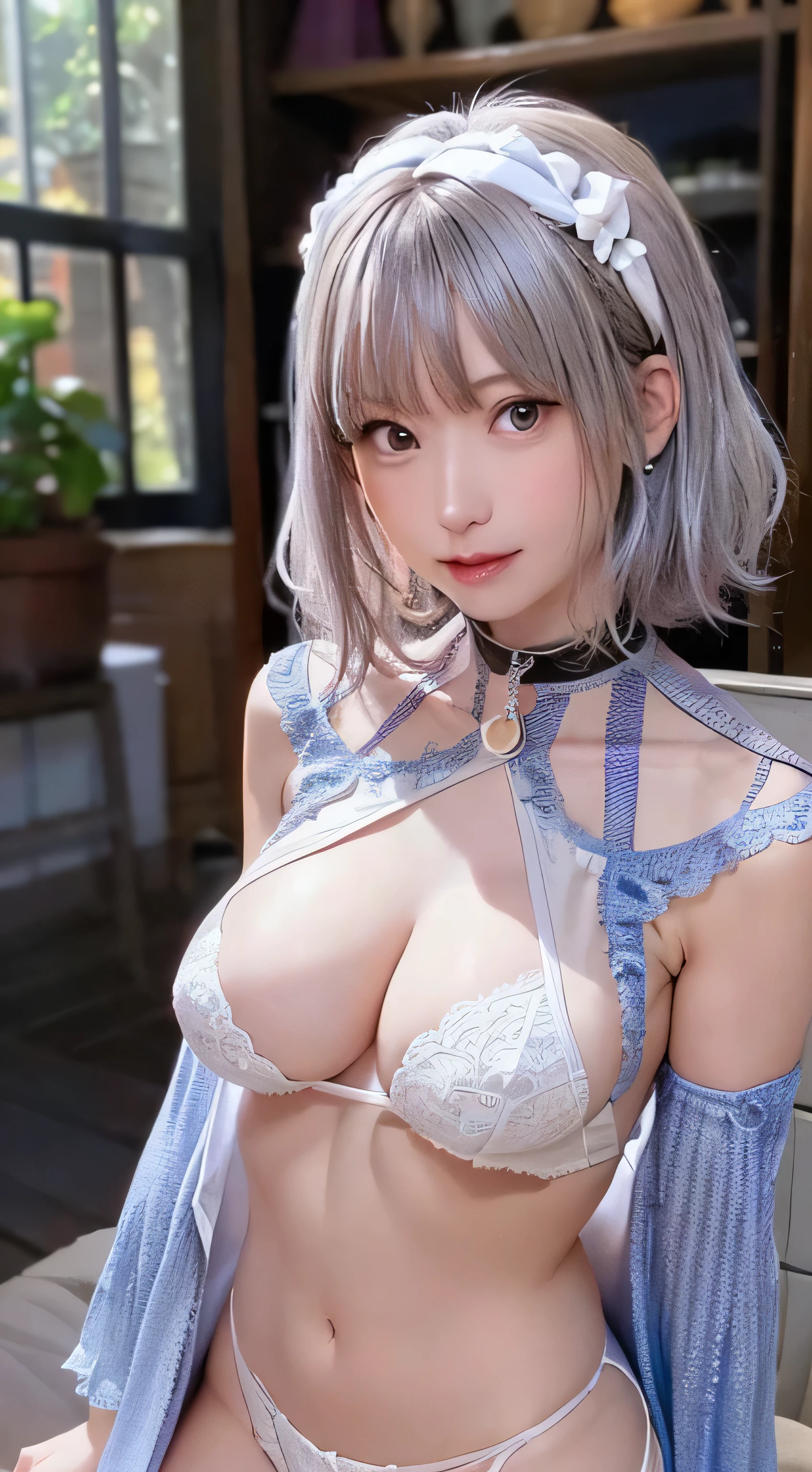 (thin eyebrows)、(((((closed mouth)))))、((Very strong sunlight))、((((beautiful silver hair))))、((small head))、(beautiful silver hair with short wavy:1.2)、full body shot、(((8K, RAW photo)))、 (((The face is the same as the cosplayer)))、(very delicate and beautiful)、(masterpiece)、(highest quality:1.0)、(超High resolution:1.0)、realistic shadow、[High resolution]、 fine skin、Super detailed、(beautiful hair)、Photoreal、lifelike face、big breasts thin waist、realistic eyes、small eyes、looking at camera、(((between breasts)))、(eyeliner)、(mascara)、 lips with pink lips、((very happy smile))、show your shoulders、topless、(hard erect nipples:1.4)、(nipples facing upwards:1.4)、(Geometric tattoo on chest)、Complex patterns and transparent materials、Artistic depiction of seductive women, Emphasizes an attractive silhouette。The scene was、、Basking in the hot sun、It makes you feel the delicate beauty and charm of nature。(((intricate details))、choker、NSFW, (((Enamelled ultramarine and silver panties)))、(beaming)