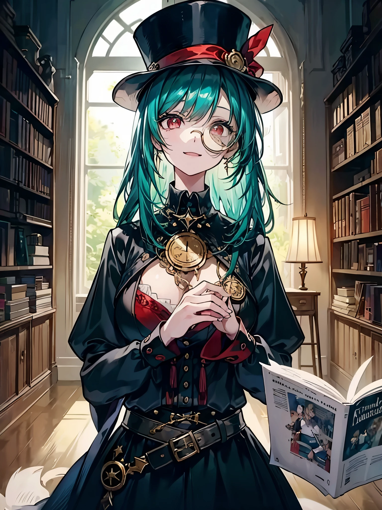 (((masterpiece、Highest image quality、highest quality、highly detailed unity 8kwallpaper)))、((Illustration of one girl、upper body))、(((beautiful girl)))、(librarian)、(Emerald green hair、messy hair、sidelocks、red eyes、eyes with dilated pupils、crazy smile:1.4)、(((flat chest)))、(((monocle)))、pocket watch、(((Black top hat、Black tuxedo、belt)))、huge medieval library、Large amount of books、dimly lit room