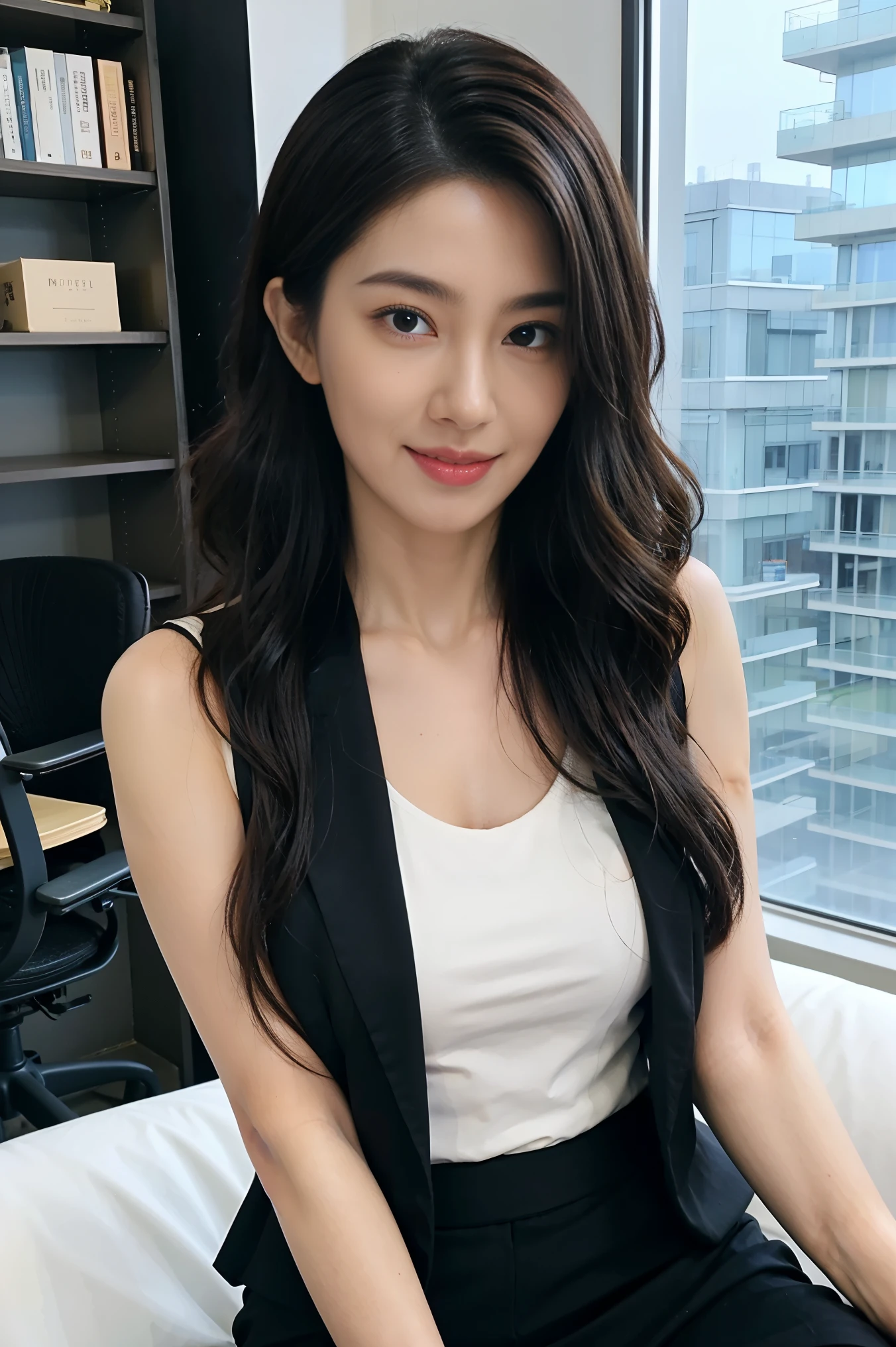 top-quality, (Hairstyle is semi-long), (Tight black suit jacket), (Tight black suit skirt),(White camisole in satin material), (Glossy white camisole), A smile:0.25, Bewitching face:0.5, Hair color is brown close to black, beautiful japanese female, (30-years old:0.5), (35 year old:0.75), Dark eyeliner, (ultra-sexy:1), slightly muscular, (Smaller chest), (From head to thigh), High-level ranks, (An office with a lot of computers),(IT Company Office), (Sunset view of skyscrapers)