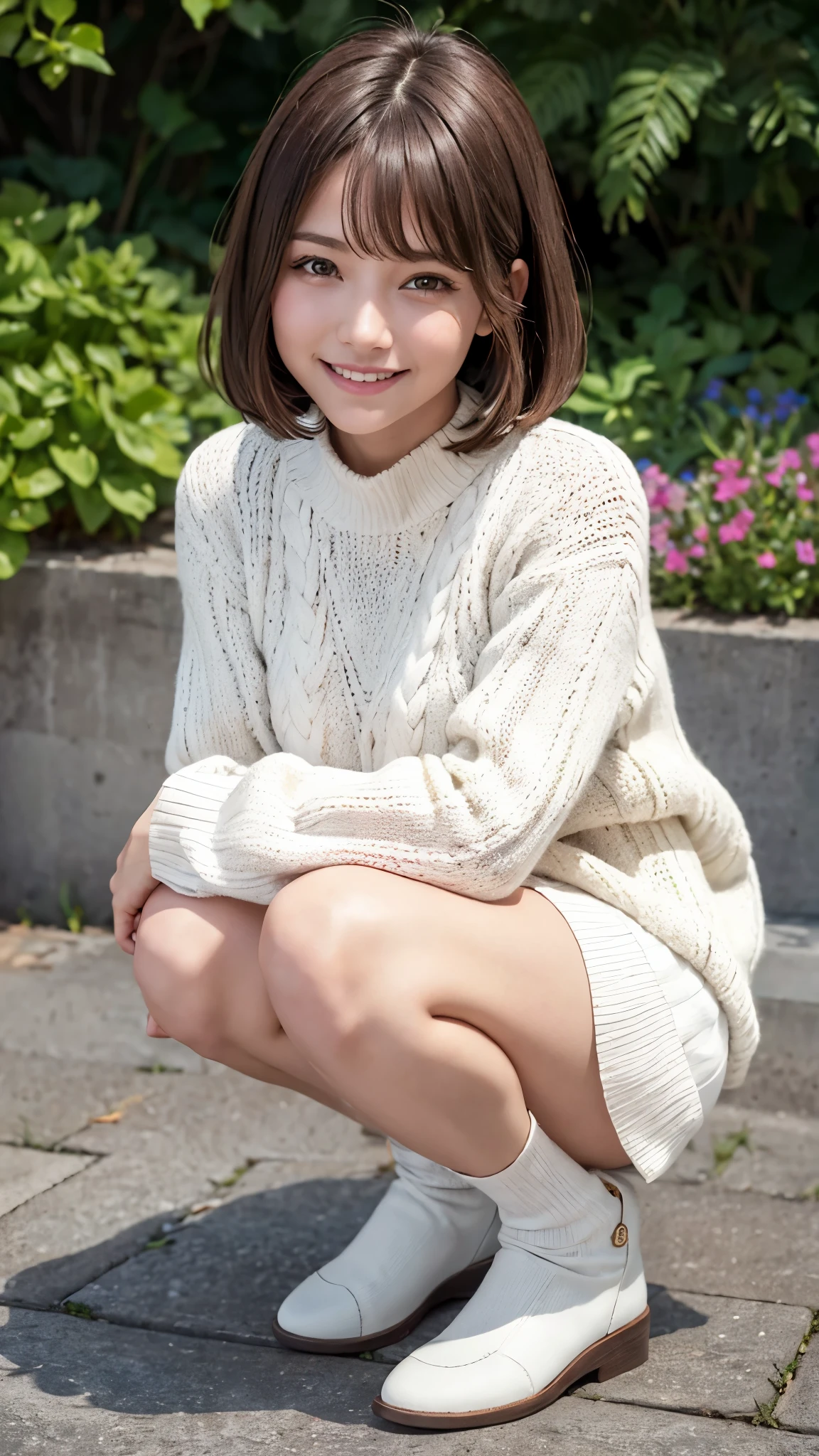 Best Quality, Very High Resolution, (Realistic:1.4), (Fine Duplicate:1.4), facial details, fine eyes, wearing white knit sweater & miniskirt, Full Length, 1girl, smile, Sharp bob, brown hair, squatting,