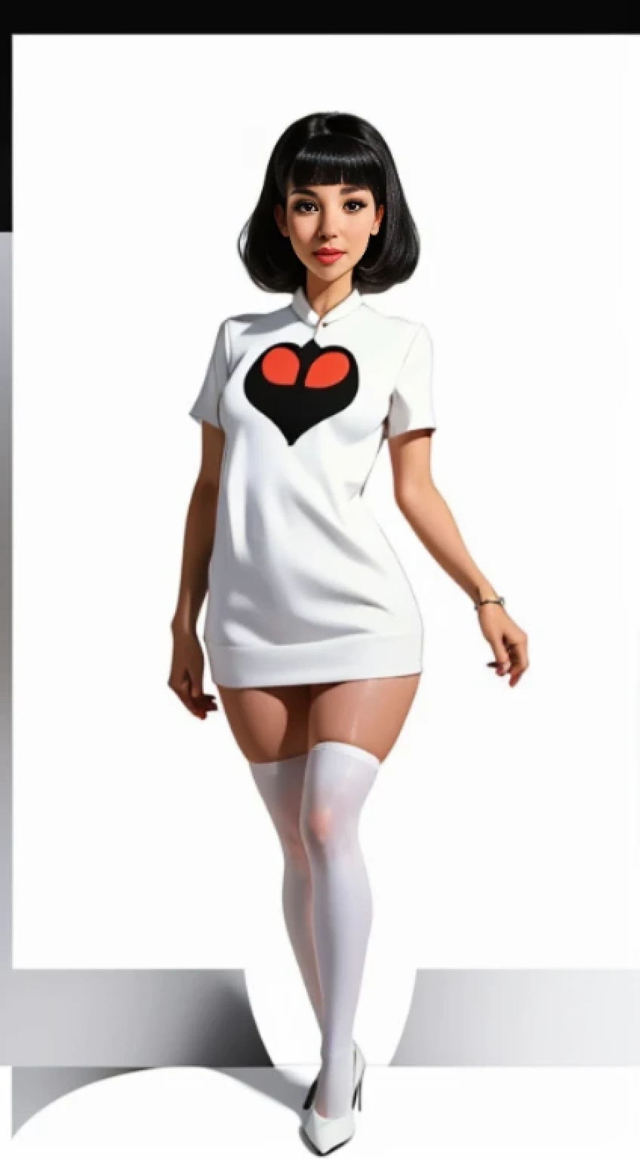 Caucasian, 1960's gogo style, young woman in her twenties , (((((full body portrait poster))))), black hair, fair skin, red dress with white polka dots, black tights, (((((white background))))), contour, hyper-detailed intricately detailed, unreal engine, fantastical, intricate detail, complementary colors, fantasy concept art, 8k resolution, deviantart, masterpiece, oil painting,