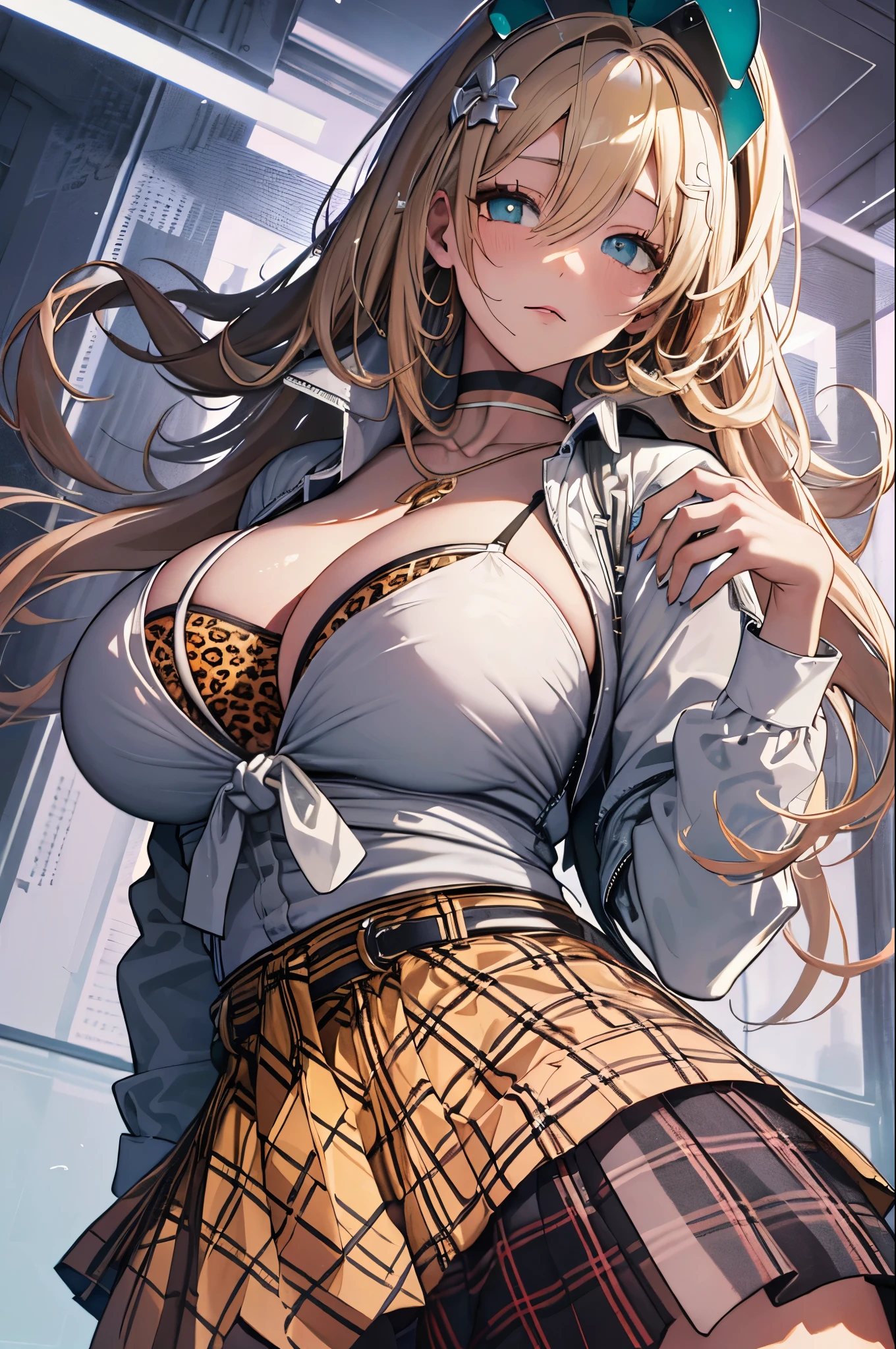 (from below:1.5),(ceiling:1.5), (crotch  close-up:1,3),(skirt lift),(curtsey)panty shot,cowboy shot, 1 girl, alone, Rupee Def, huge breasts ,white shirt,( yellow plaid mini skirt), hair ornaments, hair clip, ((leopard pattern underwear)), cleavage, jewelry, choker, clothes around the waist, hair ribbon, blush, panicking,nsfw,,top-quality,Top image quality,perfect anatomy,masterpiece,ultra-detailliert,Beautiful、ultra-quality, best quality,high resolution, ultra-detailed,game cg,dutch angle ,beautiful detailed eyes, visualart,five fingers, perfect hands,beautiful girl,
BREAK