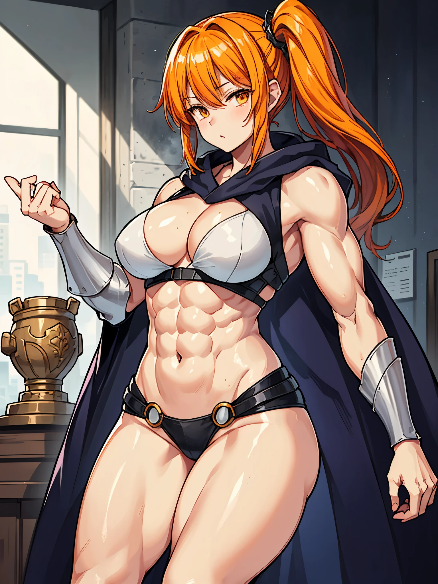 (((masterpiece、Highest image quality、highest quality、highly detailed unity 8kwallpaper)))、((Illustration of one girl))、fantasy、(((beautiful girl、Female braves)))、(armor knight、longsword、cloak)、((orange hair、side ponytail、sidelocks:1.3、orange eyes))、(((muscle girl, muscle, stocky build:1.2, thickset physique:1.3, muscular legs, broad shoulders:1.3, solid chest:1.2)))、Lost City