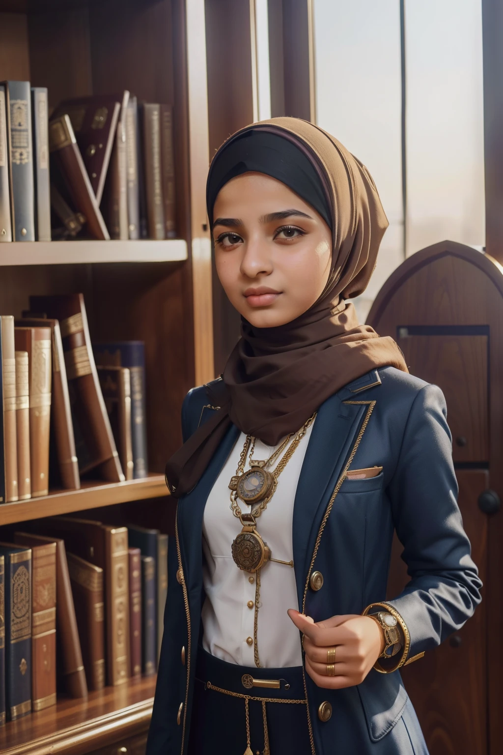 Steampunk Alexandria, Egypt, 2031. ((((16-year-old)) Khalila Seif)), arab girl, skinny, hijab, in a library, surrounded by students, ((calm expression)). ((((casual clothings from the 2030s)))) ((hairstyle of the 2030s))