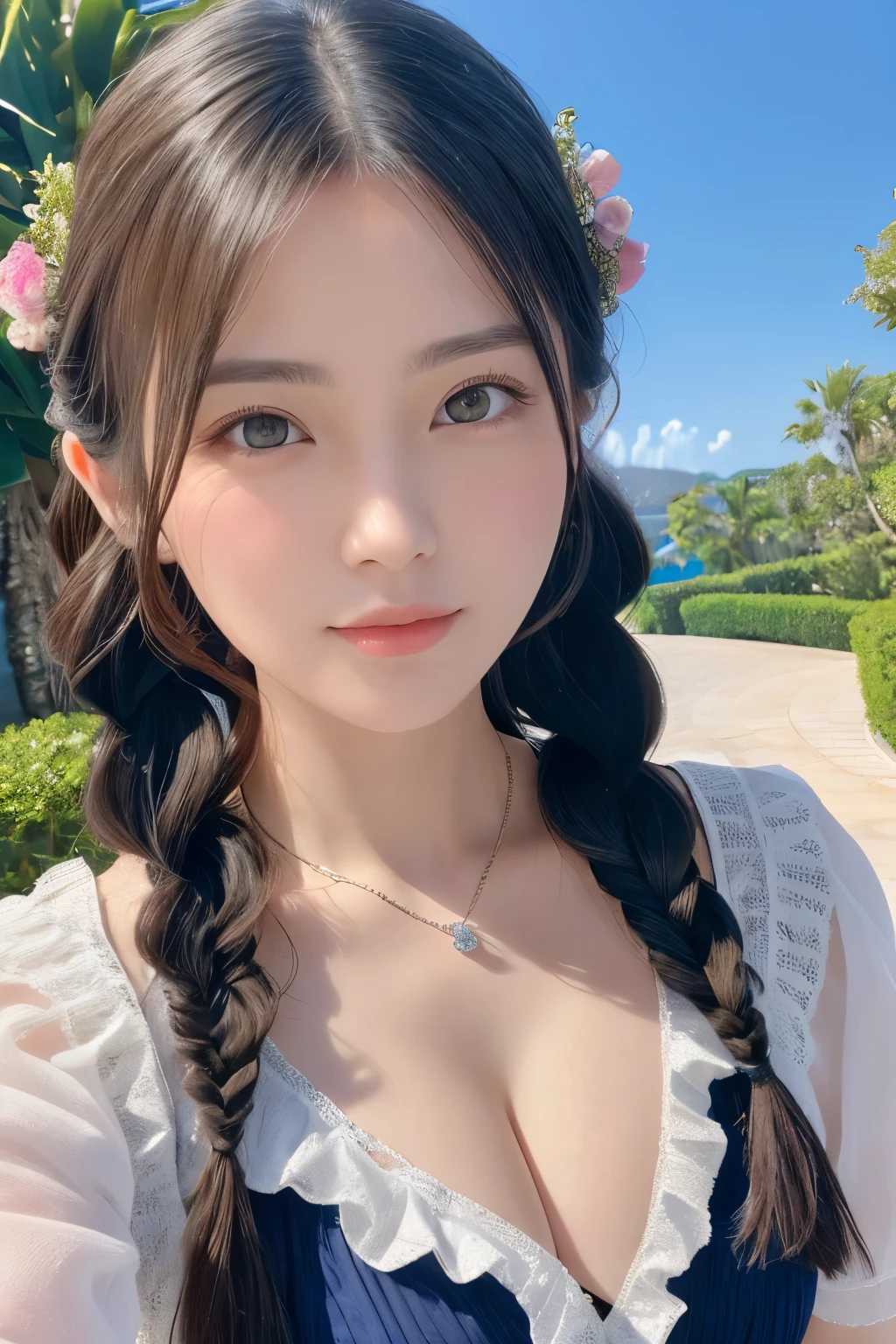 8K, highest quality, realistic, beautiful woman pictures, teenager in 30s, detailed face, big breasts:1.6, cleavage:1.6, black messy fishtail braid, (Delicate clothes with lots of frills and ribbons), Luxury villa by the sea, (close up face), fascinating look, looking at the viewer