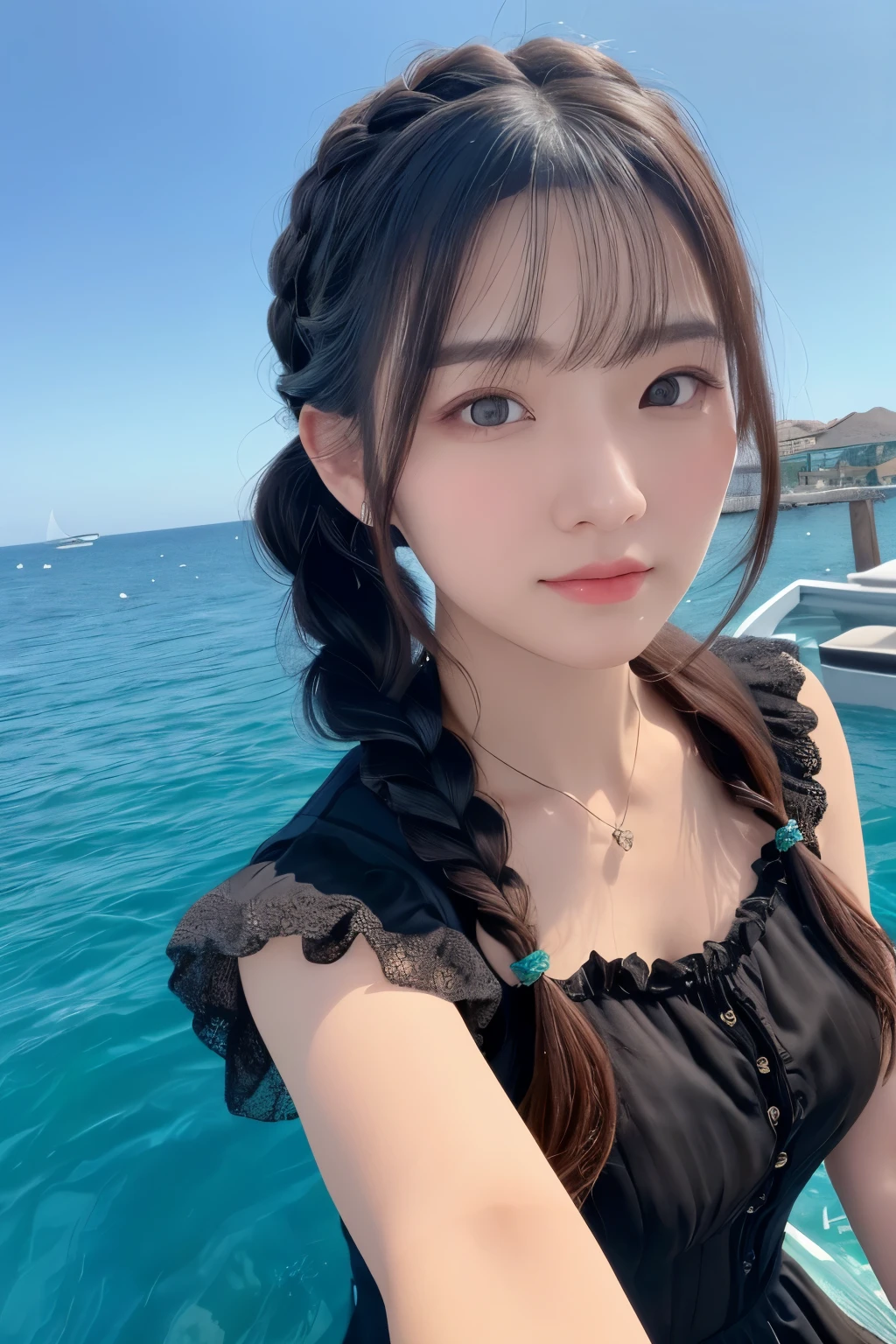 8K, highest quality, realistic, beautiful woman pictures, teenager in 30s, detailed face, big breasts:1.6, cleavage:1.6, black messy fishtail braid, (Delicate clothes with lots of frills and ribbons), Luxury villa by the sea, (close up face), fascinating look, looking at the viewer