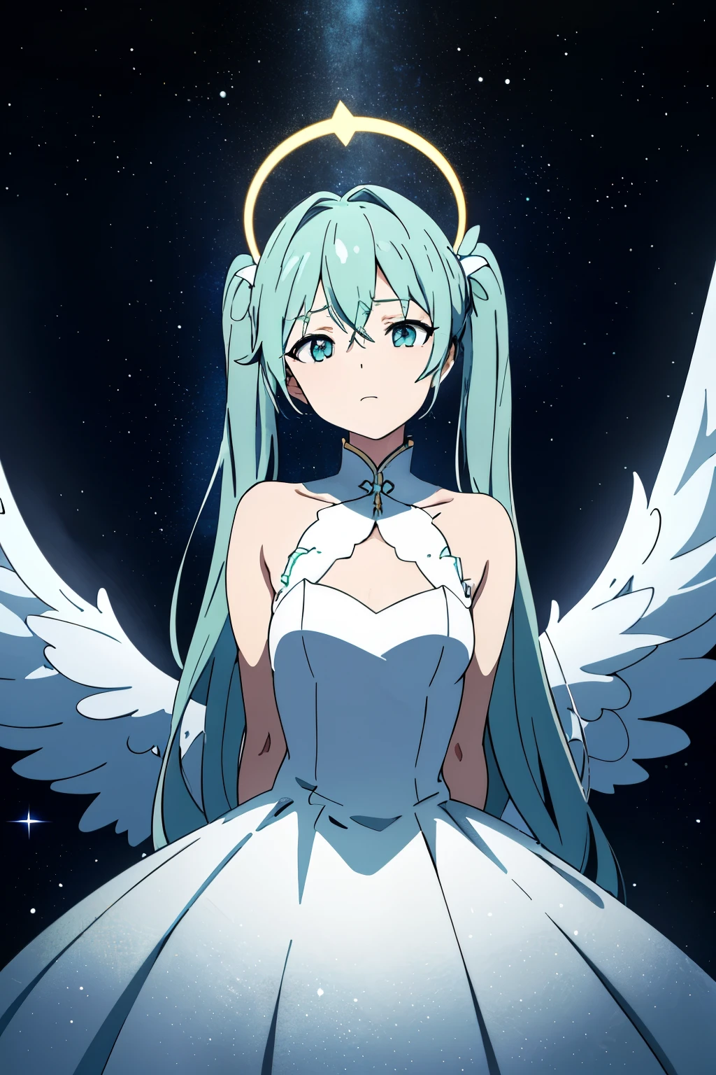 masterpiece, highest quality, hatsune miku, white gown, Angel, Angel wings, Golden halo, dark background, Upper body, (closed mouth:1.2), looking at the viewer, turn your arms behind your back, blue theme, performer, starry night