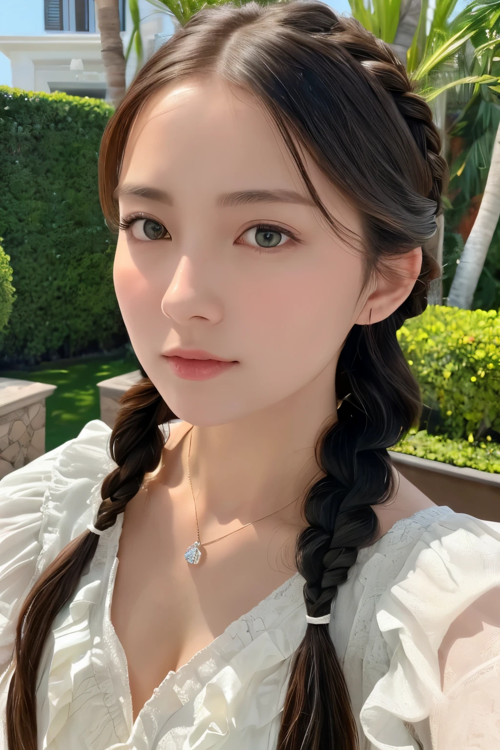 8K, highest quality, realistic, beautiful woman pictures, ager in 30s, detailed face, big breasts:1.6, cleavage:1.6, black messy fishtail braid, (Delicate clothes with lots of frills and ribbons), Luxury villa by the sea, (close up face), fascinating look, looking at the viewer