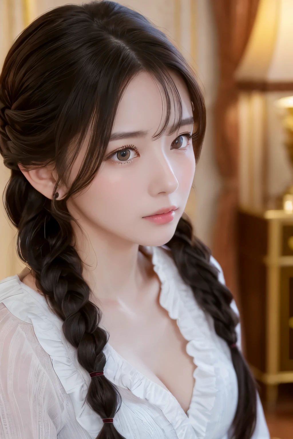8K, highest quality, realistic, beautiful woman pictures, teenager in 30s, detailed face, big breasts:1.6, cleavage:1.6, black messy fishtail braid, (Delicate clothes with lots of frills and ribbons), In a luxury hotel, Luxury villa by the sea, (close up face), fascinating look, looking at the viewer