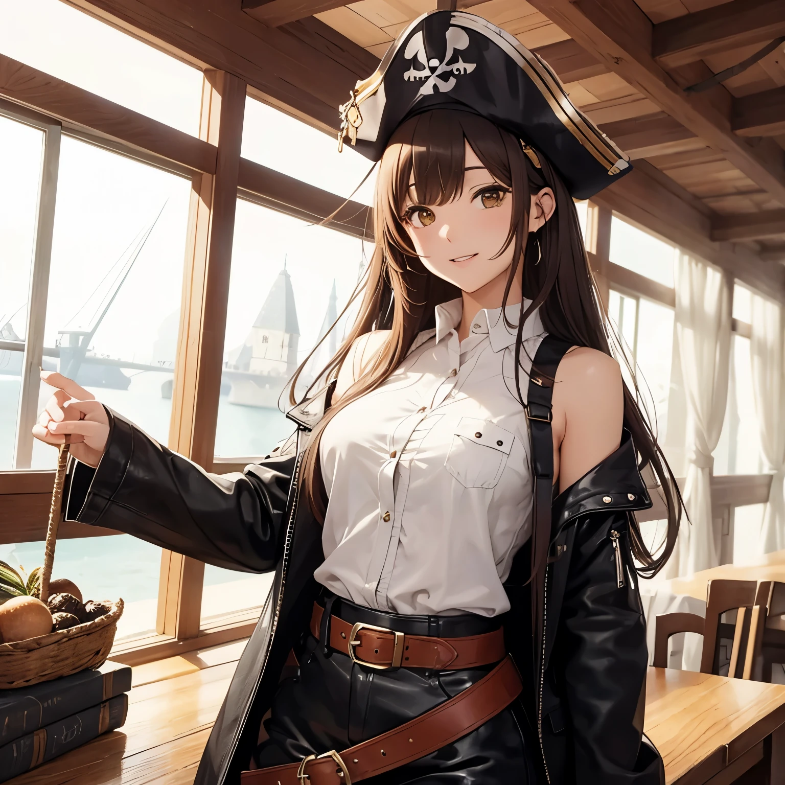 woman(solo)、cute、pirate、messy brown semi-long hair、yellow eyes、laugh happily、pirateの黒いコート、Leather belt、full breasted white shirt、Cutlass、Port cities in medieval Europe、high resolution、high quality、detailed images