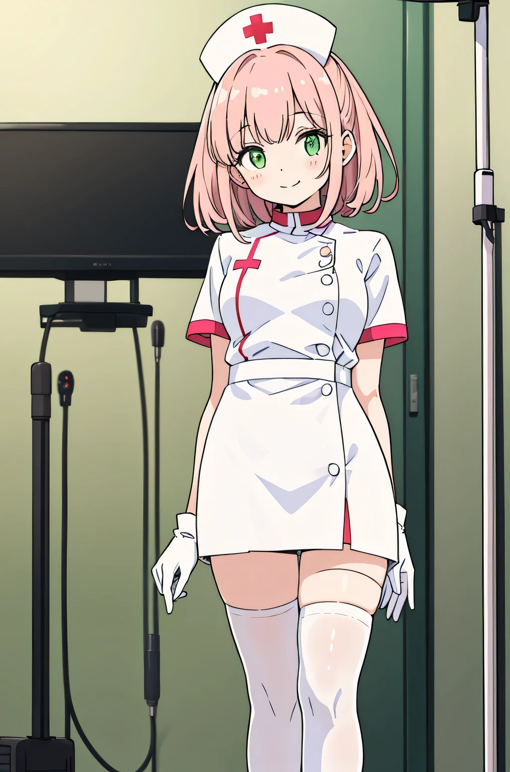 1 girl, alone, nurse, nurse cap, Whiteware, ((white legwear, zettai ryouiki)), white gloves, pink hair, green eyes, droopy eyes, smile, Are standing, ((hospital room)), sharp outline, short sleeve, highest quality, masterpiece