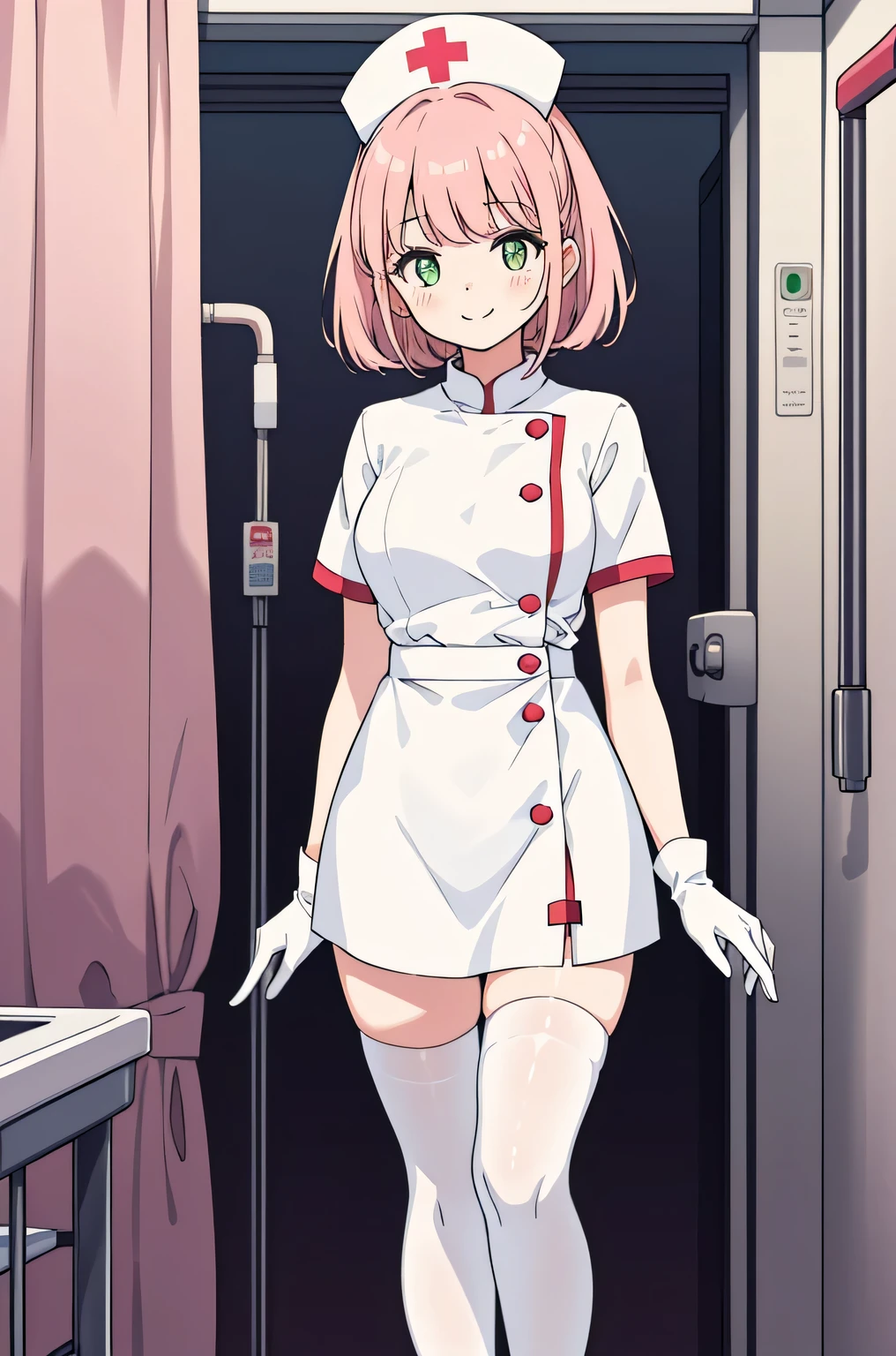 1 girl, alone, nurse, nurse cap, Whiteware, ((white legwear, zettai ryouiki)), white gloves, pink hair, green eyes, droopy eyes, smile, Are standing, ((hospital room)), sharp outline, short sleeve, highest quality, masterpiece