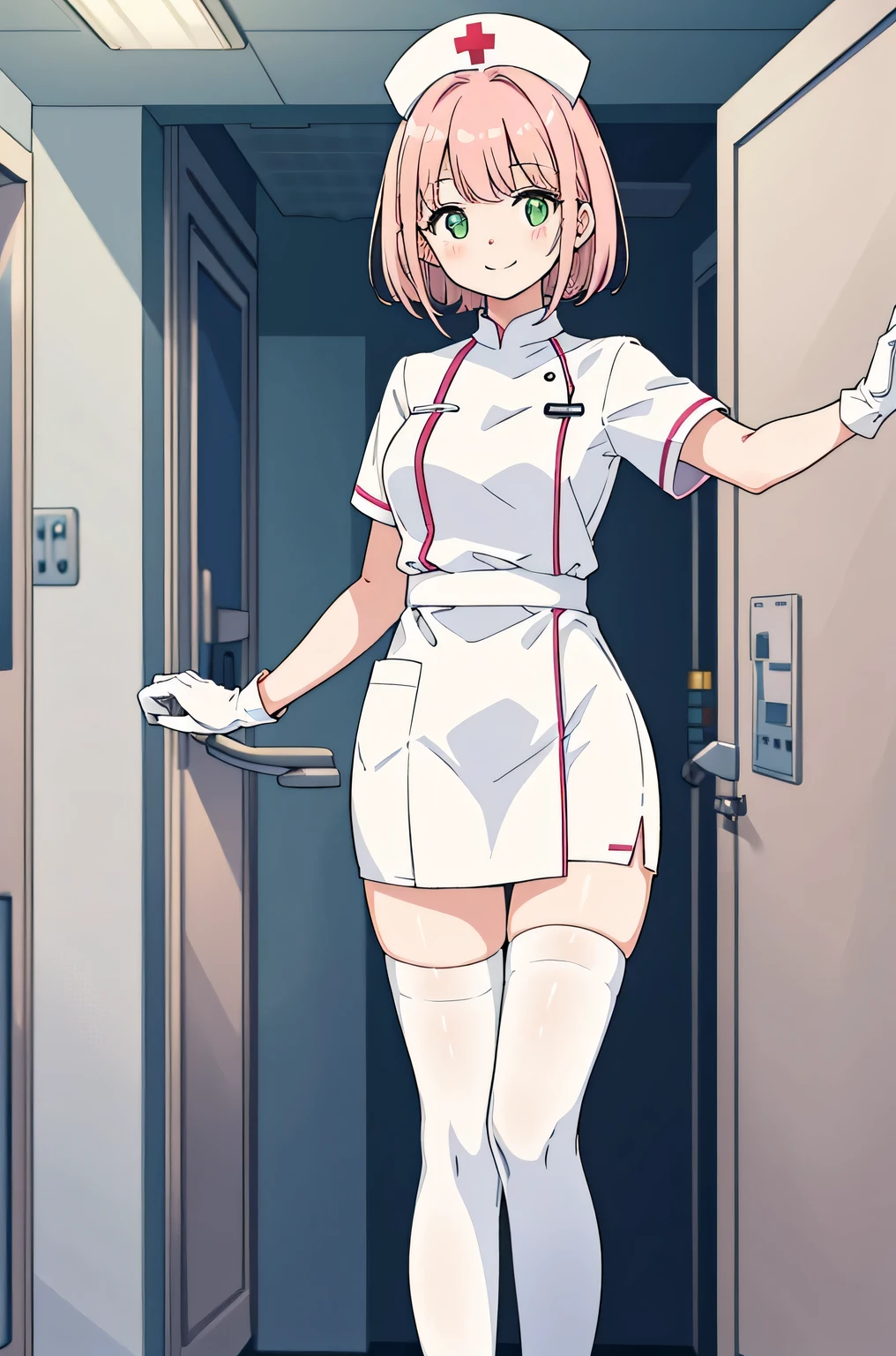 1girl, solo, nurse, white nurse cap, white nurse uniform, ((white legwear, zettai ryouiki)), white gloves, pink hair, green eyes, drooping eyes, smile, standing, ((hospital room)), sharp outline, short sleeves, best quality, masterpiece