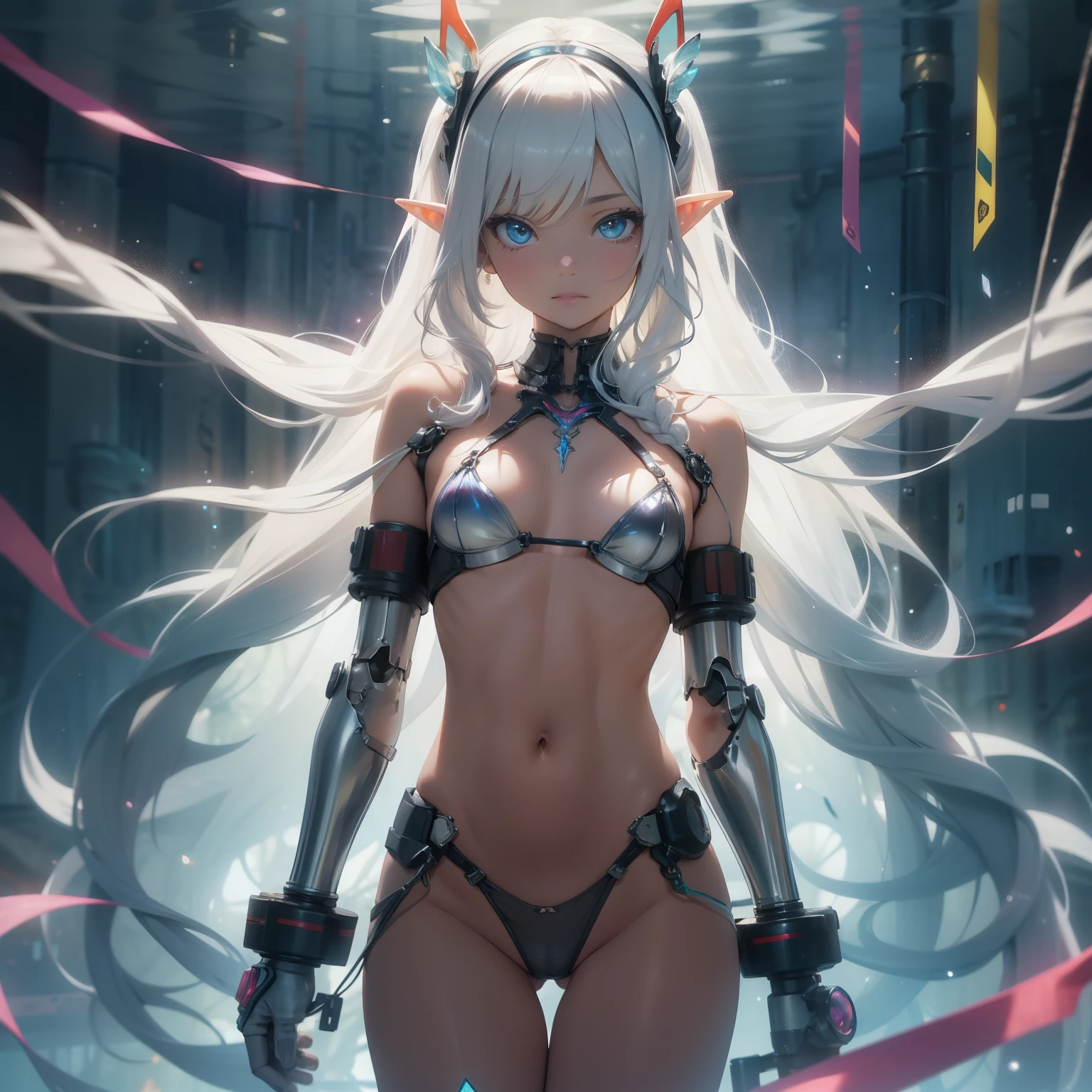 (quality)), ((masterpiece)), Recommended results、Puffy nipples、(see through:1.5)、straighten your back、abdominal muscles、huge bust、angle to floor:1.2、low camera angle、Hair loss on crotch,Hatsune Miku,super detailed)), (Very detailed的CG插画), ((extremely delicate and beautiful)),(1 white transparent mechanical girl)),alone,whole body,(Machine made joints:1.2),((mechanical limbs)),(Flashing blood vessel points connected to tubes),(Mechanical vertebrae attached to the back,with flowing glitter.),((Flowing rainbow fixed around neck)),perfect round face,(wires and cables attaching to neck:1.2),(Rainbow wires and cables on the head:1.2)(Character focus),,Very detailed,rich and colorful,most detailed,white ceramic skin,long blonde hair,maidennurse,Elves of the forest