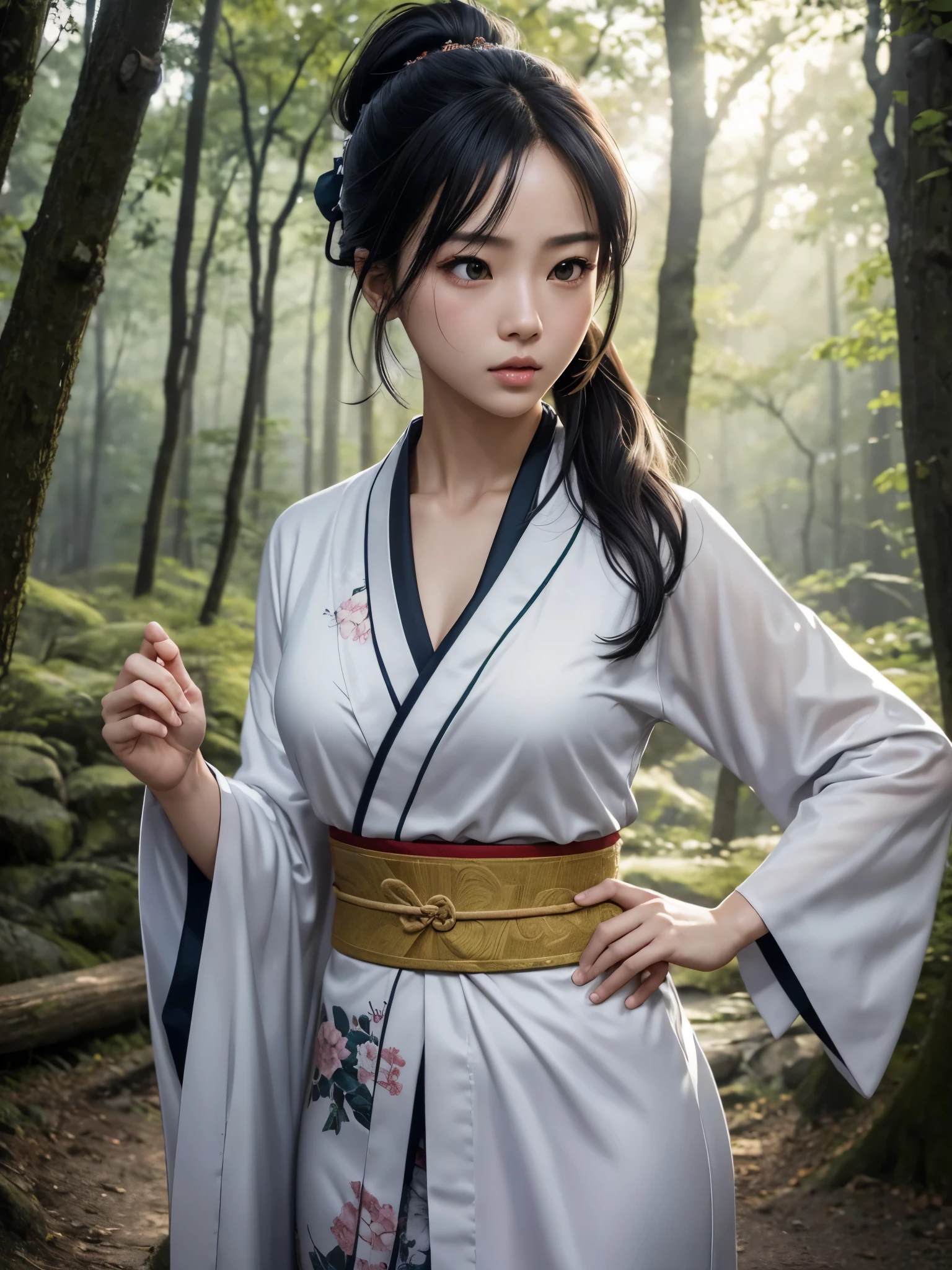 8K,(masterpiece、top-quality:1.3)、日本の着物を着た護符を持った女子高生のcombat scene,超A high resolution,18year old,美しい女の子のaction scene、Super beauty(Like the real thing),Black hair ponytail、(1girl in)、((s lips))、(nase)、((Long face))、Regant、Stylish、sharp gaze,Rugged look,Look at viewers、soft makeup、Textured、Dynamic Posture、wide Shots、 Dramatic Lighting:1.1、(gradientace perfect)、outline oconitide、coldness,light particules、(depth of fields)、(intricate-detail:1.2)、in woods(highly detailed back ground)、,The charm of wearing kimono for adults,花魁(Flashy kimono)facing front,A sexy,glares,gloomy atmosphere,Normal breasts,in woods,combat scene,action scene,actionpose,have a talisman in hand,battle movie,