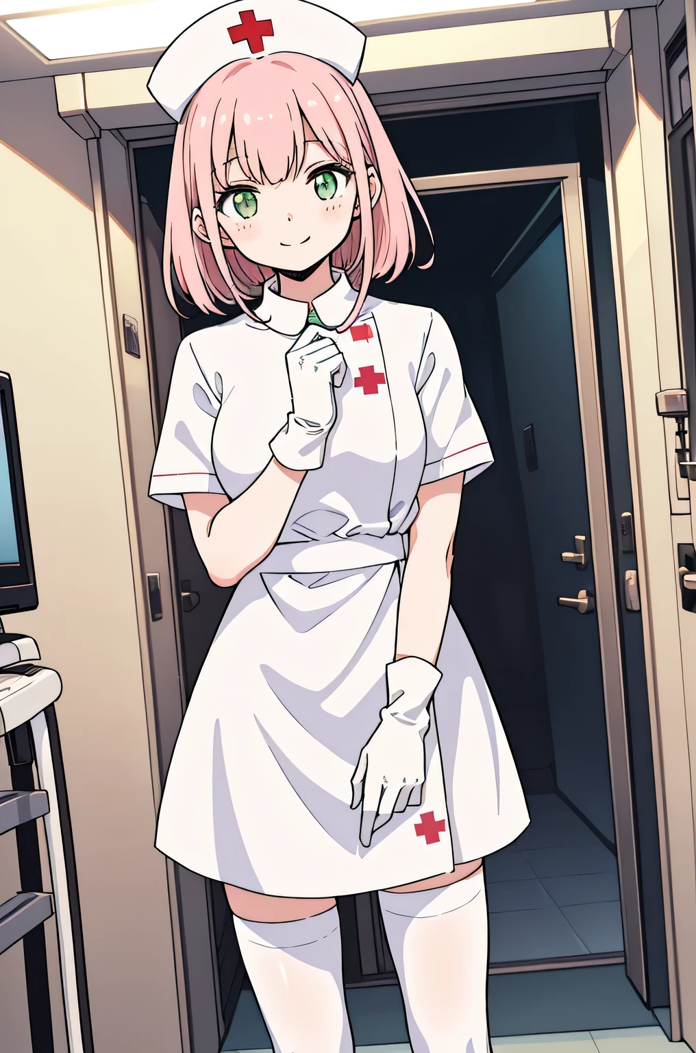 1 girl, alone, nurse, nurse cap, Whiteware, ((white legwear, zettai ryouiki)), white gloves, pink hair, green eyes, droopy eyes, smile, Are standing, ((hospital room)), sharp outline, short sleeve, highest quality, masterpiece