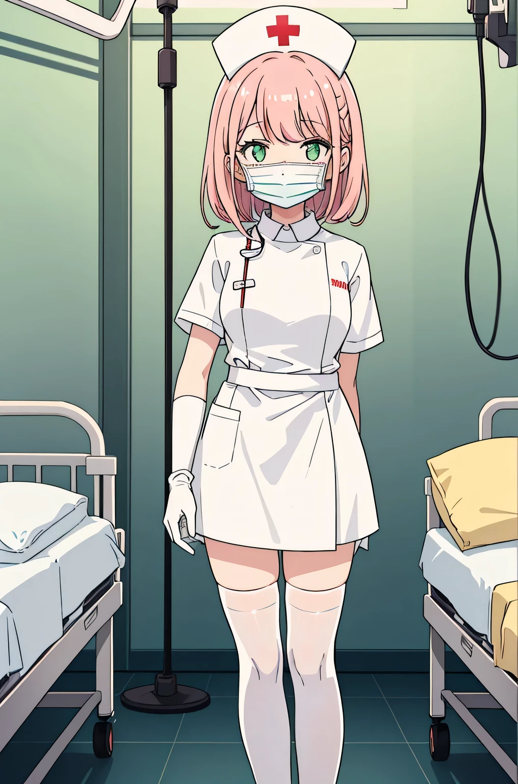 1 girl, alone, nurse, nurse cap, Whiteware, ((white legwear, zettai ryouiki)), white gloves, pink hair, green eyes, droopy eyes, ((White surgical mask, Covered nose)), Are standing, ((hospital room)), sharp outline, short sleeve, highest quality, masterpiece