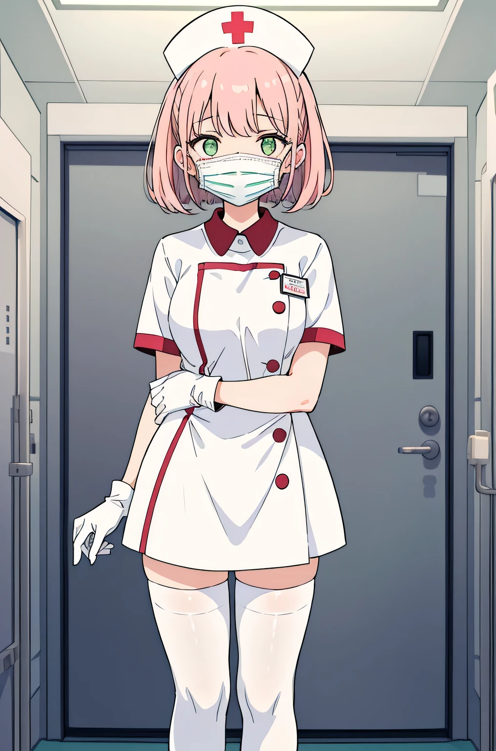 1 girl, alone, nurse, nurse cap, Whiteware, ((white legwear, zettai ryouiki)), white gloves, pink hair, green eyes, droopy eyes, ((White surgical mask, Covered nose)), Are standing, ((hospital room)), sharp outline, short sleeve, highest quality, masterpiece