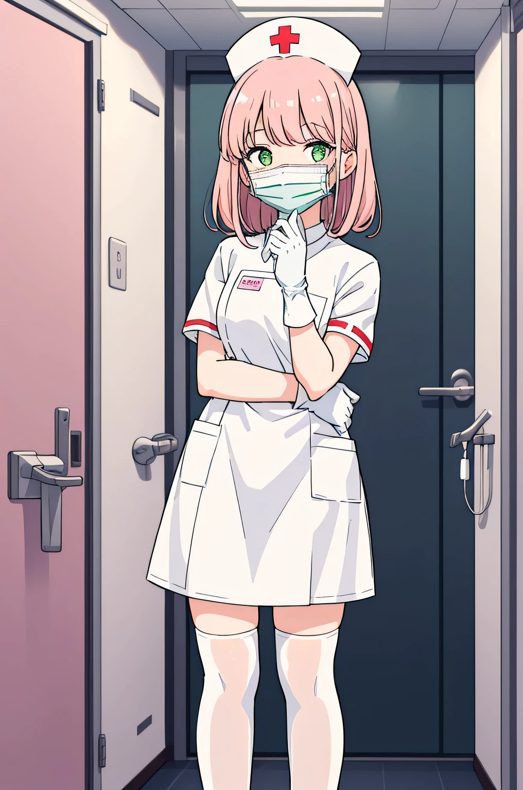 1 girl, alone, nurse, nurse cap, Whiteware, ((white legwear, zettai ryouiki)), white gloves, pink hair, green eyes, droopy eyes, ((White surgical mask, Covered nose)), Are standing, ((hospital room)), sharp outline, short sleeve, highest quality, masterpiece