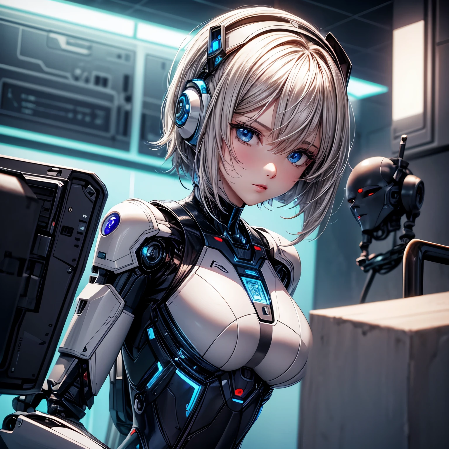 Create a beautiful android woman with robot parts and human skin, die versucht, Emotionen zu entdecken, Manga ein Farbstil, Ansichten, Ultra detailliert 