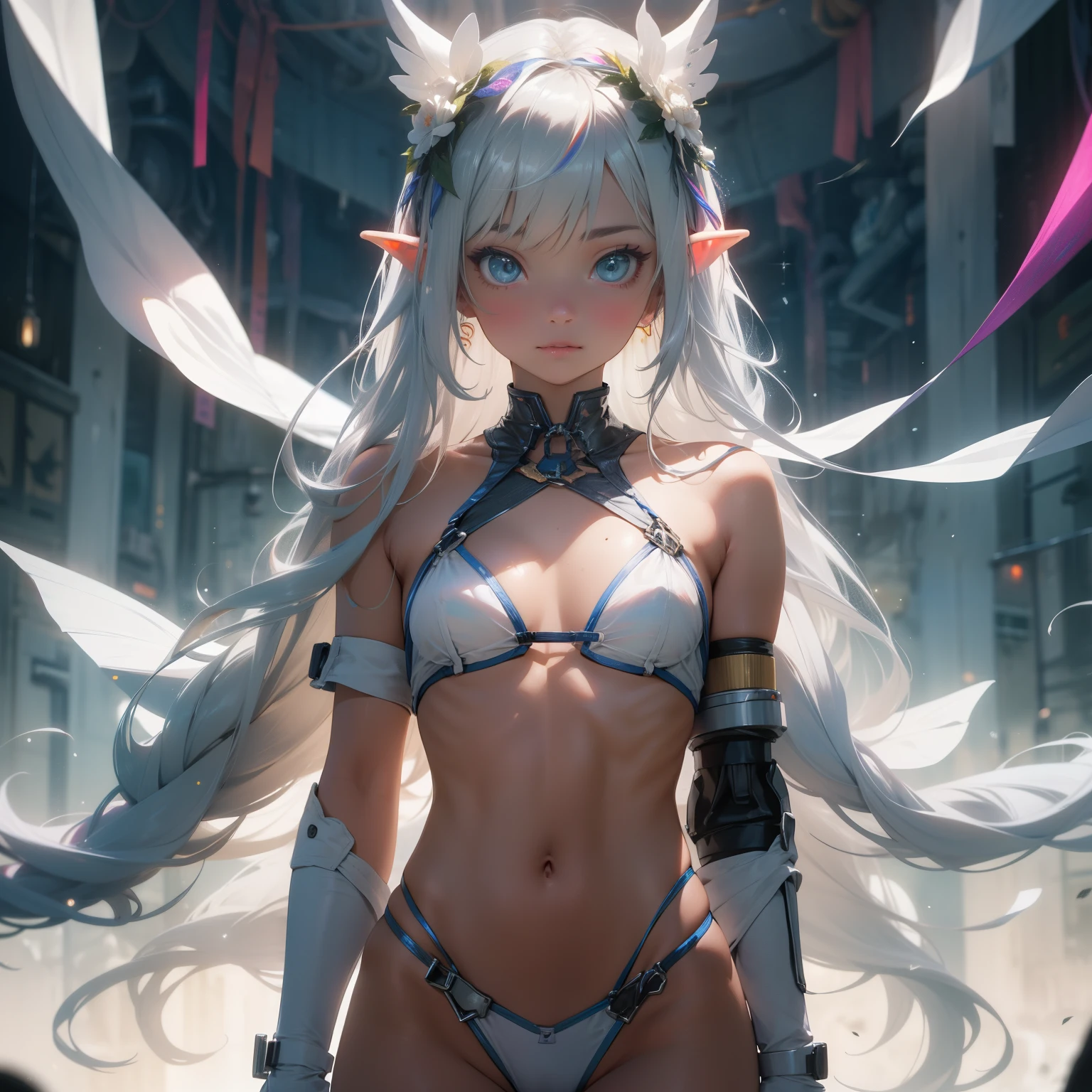 (quality)), ((masterpiece)), Recommended results、Puffy nipples、(see through:1.5)、straighten your back、abdominal muscles、huge bust、angle to floor:1.2、low camera angle、Hair loss on crotch，Hatsune Miku，super detailed)), (Very detailed的CG插画), ((extremely delicate and beautiful)),(1 white transparent mechanical girl)),alone,whole body,(Machine made joints:1.2),((mechanical limbs)),(Flashing blood vessel points connected to tubes),(Mechanical vertebrae attached to the back，with flowing glitter.),((Flowing rainbow fixed around neck)),perfect round face,(wires and cables attaching to neck:1.2),(Rainbow wires and cables on the head:1.2)(Character focus),,Very detailed,rich and colorful,most detailed，white ceramic skin，long blonde hair，maidennurse，Elves of the forest