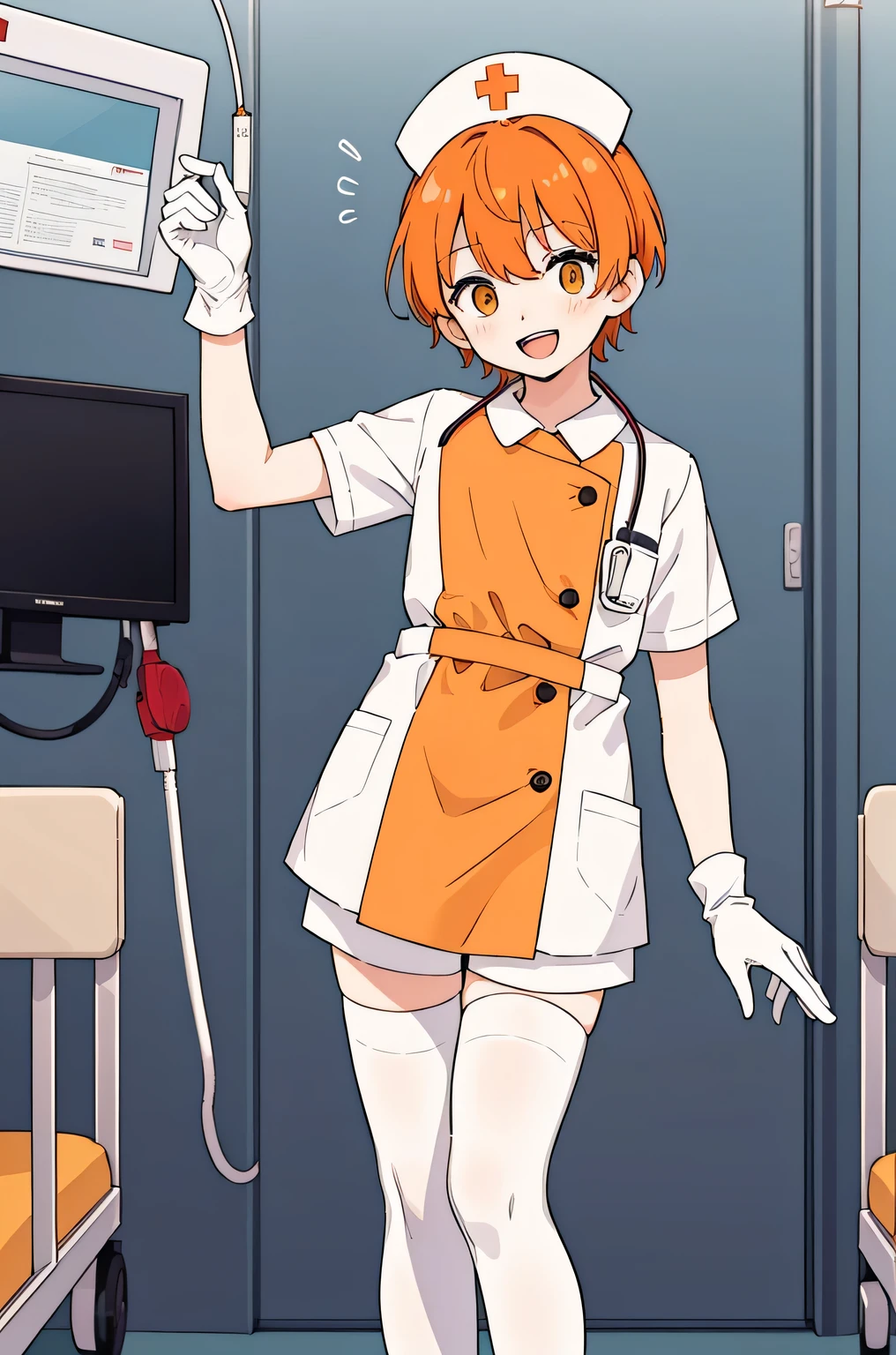 1 boy, alone, male focus, nurse, nurse cap, Whiteware, ((white legwear, zettai ryouiki)), white gloves, short hair, orange hair, smile, open your mouth, Are standing, ((hospital room)), sharp outline, short sleeve, Shota, ************, highest quality, masterpiece