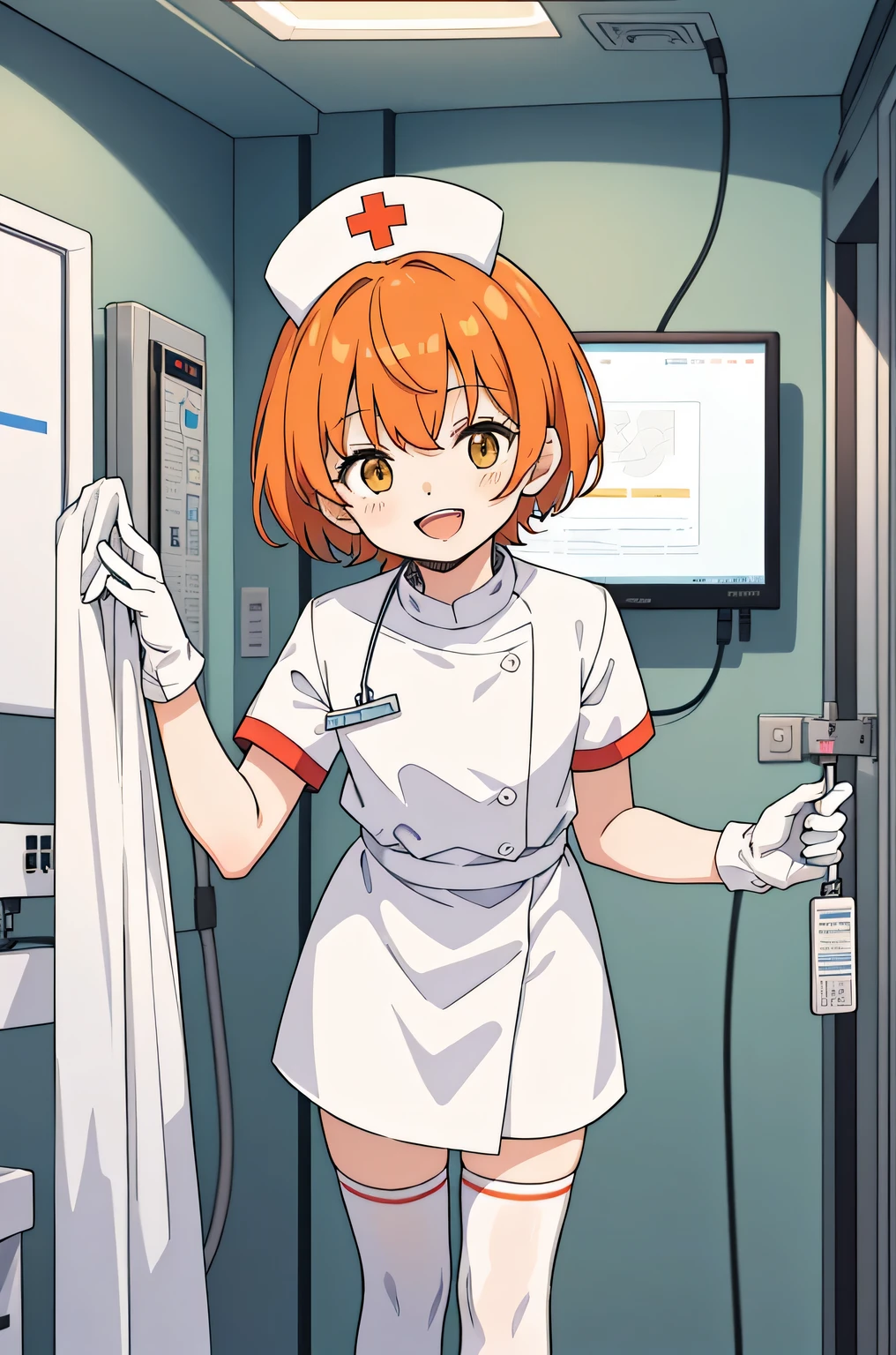 1 boy, alone, male focus, nurse, nurse cap, Whiteware, ((white legwear, zettai ryouiki)), white gloves, short hair, orange hair, smile, open your mouth, Are standing, ((hospital room)), sharp outline, short sleeve, Shota, ************, highest quality, masterpiece