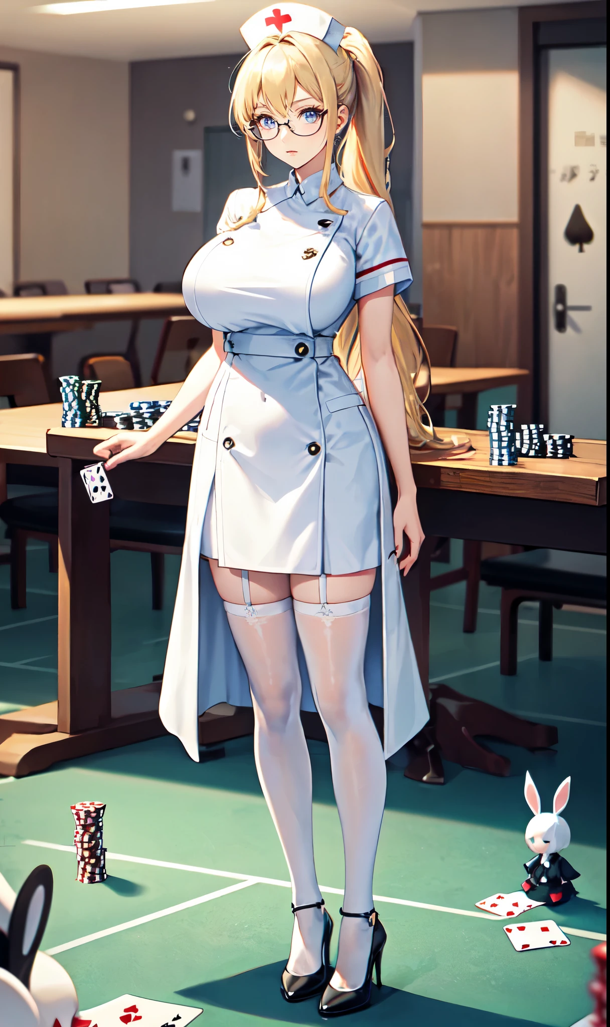 White hospital ward background,Playing card decoration,Long light blonde hair,Standing close-up,dream world,Sister nurse,(glasses),High ponytail,Messy hair,Elongated danphoenix eyes,(white nurse,Handheld dolls,Bunny doll:2.0),(big breast)Background of poker decoration,(A ward filled with poker:1.9),Gentle and sickly nurse sister,white stockings,High heel,Detailedly drawn backgrounds