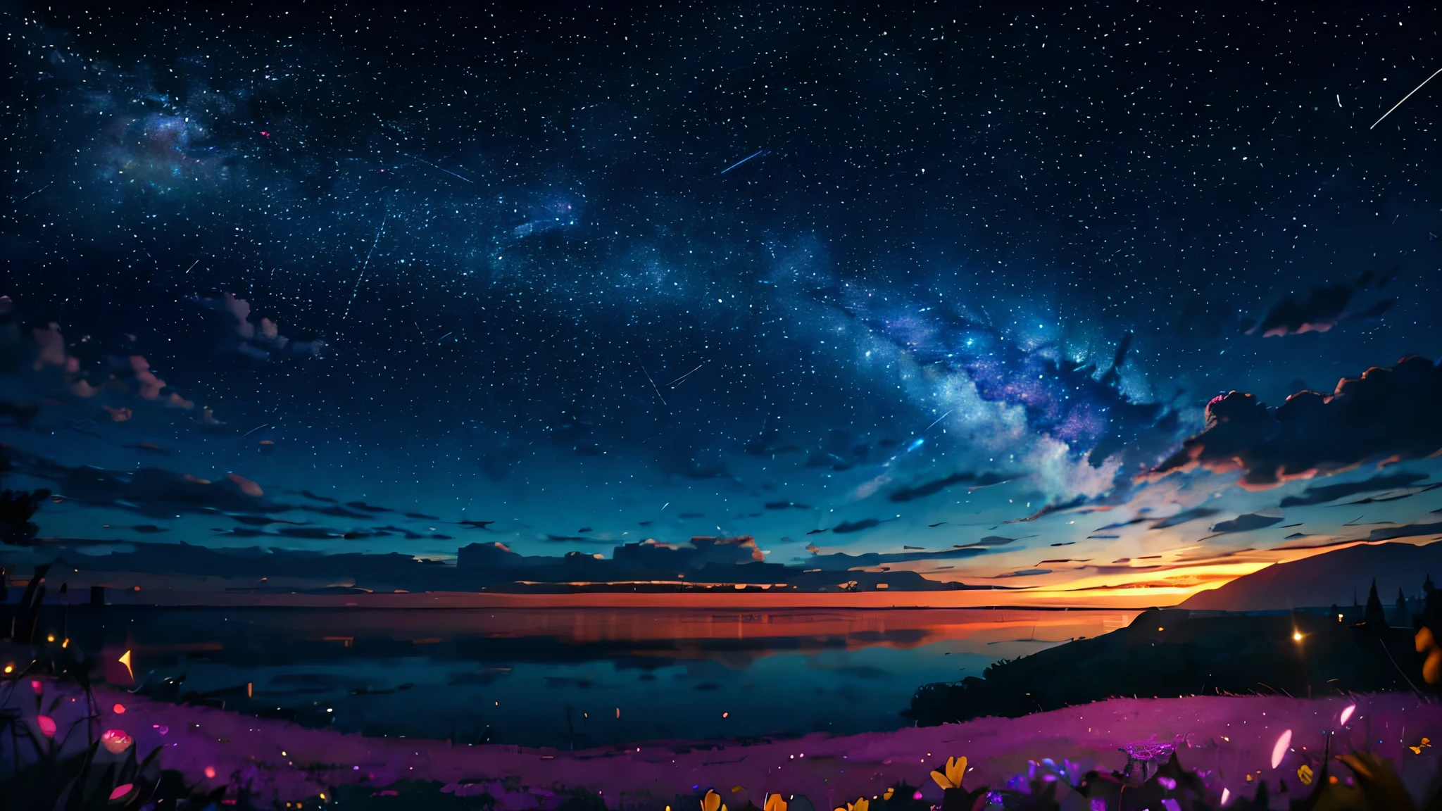 (zoomed out:1.1), (Meteors:1.2), (comet:1.1), Low - Angle, Aloura Borealis, shooting star, highest quality, masterpiece, cloud, colorful, Starry, performer, night, flower garden, flower blossom, night sky, beautiful flower, night theme,

