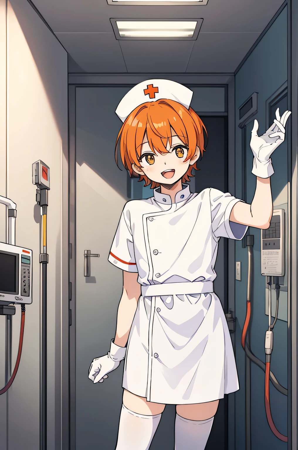 1 boy, alone, male focus, nurse, nurse cap, Whiteware, ((white legwear, zettai ryouiki)), white gloves, short hair, orange hair, smile, open your mouth, Are standing, ((hospital room)), sharp outline, short sleeve, Shota, ************, highest quality, masterpiece