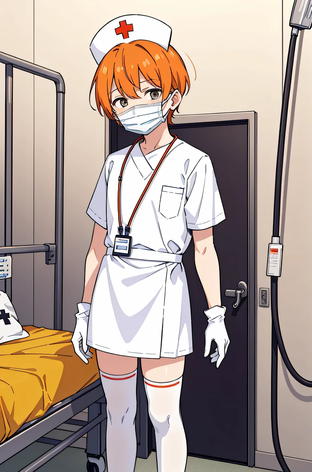 1 boy, alone, male focus, nurse, nurse cap, Whiteware, ((white legwear, zettai ryouiki)), white gloves, short hair, orange hair, ((White surgical mask, Covered nose)), Are standing, ((hospital room)), sharp outline, short sleeve, Shota, , highest quality, masterpiece